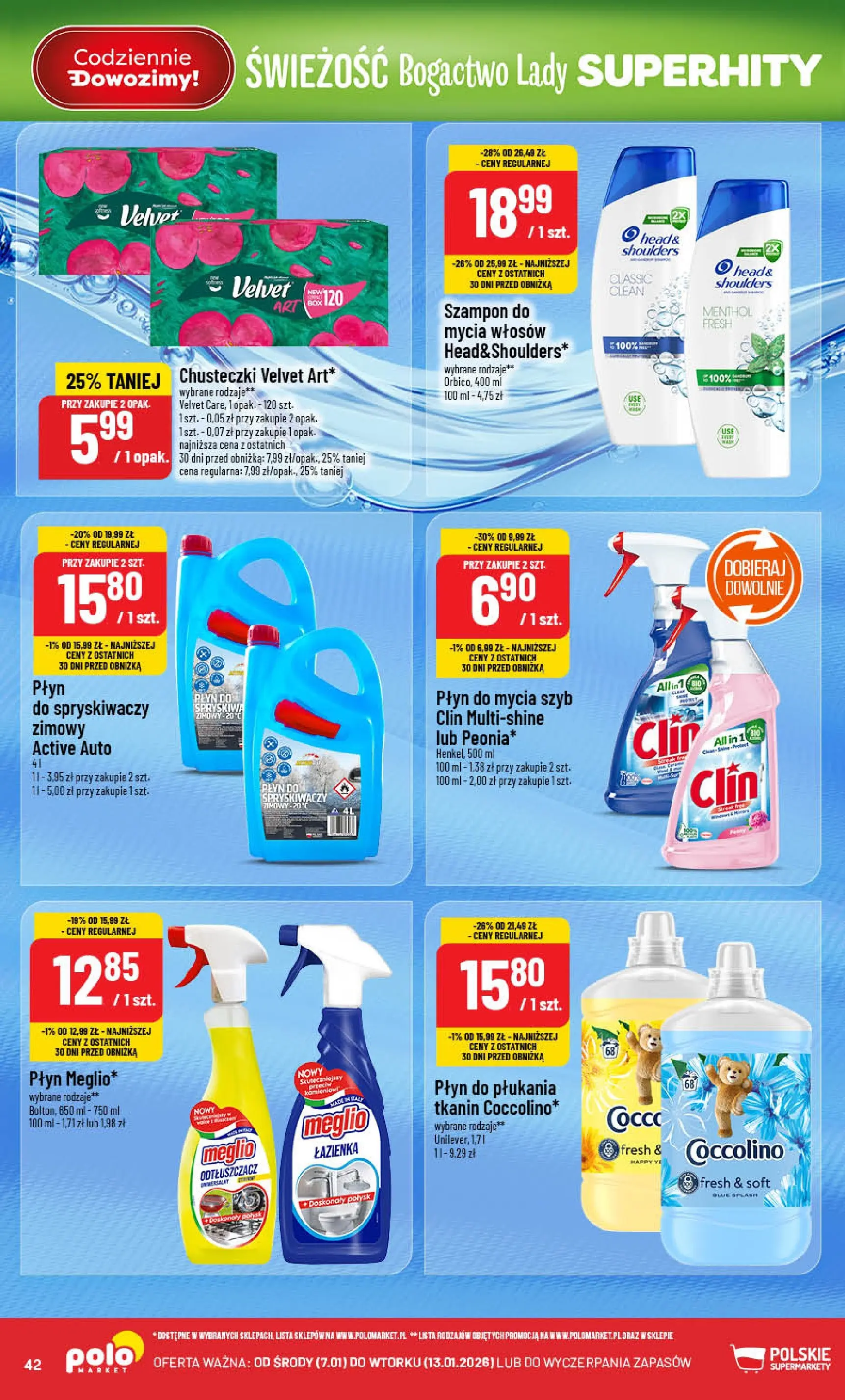 Nowa POLOmarket gazetka od jutra 07.01.2026 (PDF) | Strona: 42 | Produkty: Meglio, Płyn do mycia szyb, Coccolino, Szampon