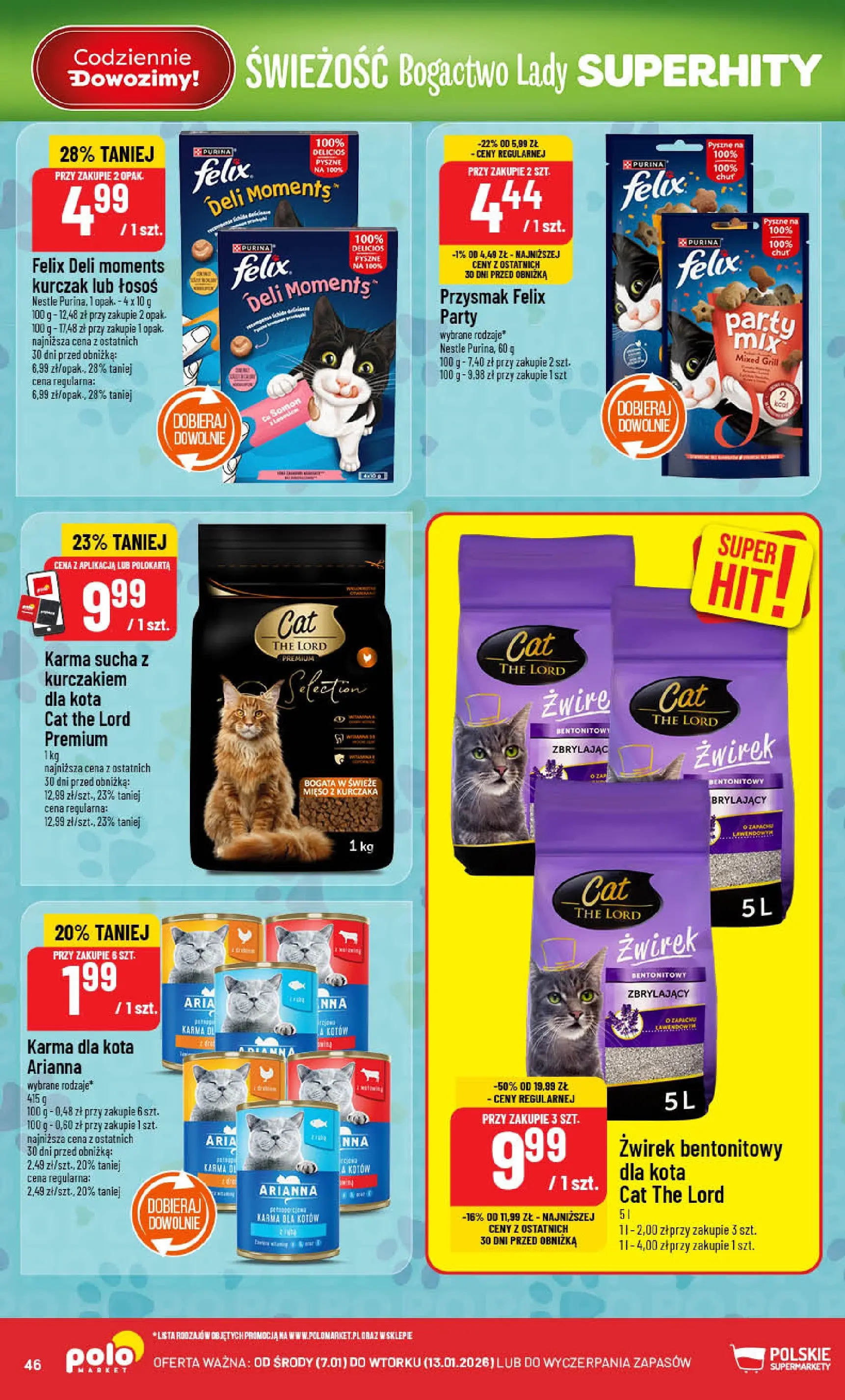 Nowa POLOmarket gazetka od jutra 07.01.2026 (PDF) | Strona: 46 | Produkty: Kurczak, Łosoś, Karma dla kota, Żwirek bentonitowy
