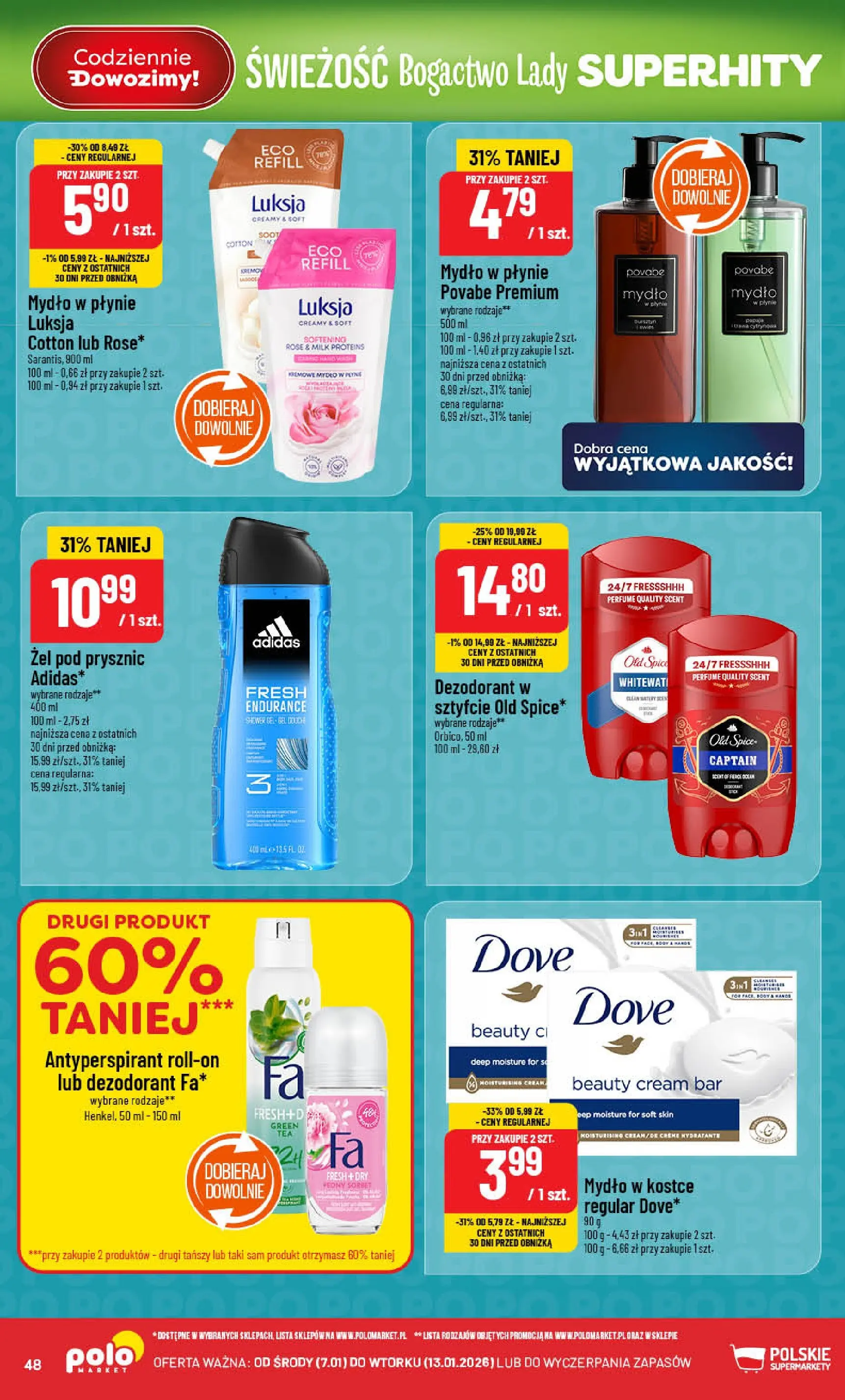 Nowa POLOmarket gazetka od jutra 07.01.2026 (PDF) | Strona: 48 | Produkty: Prysznic, Żel pod prysznic, Dezodorant, Old spice