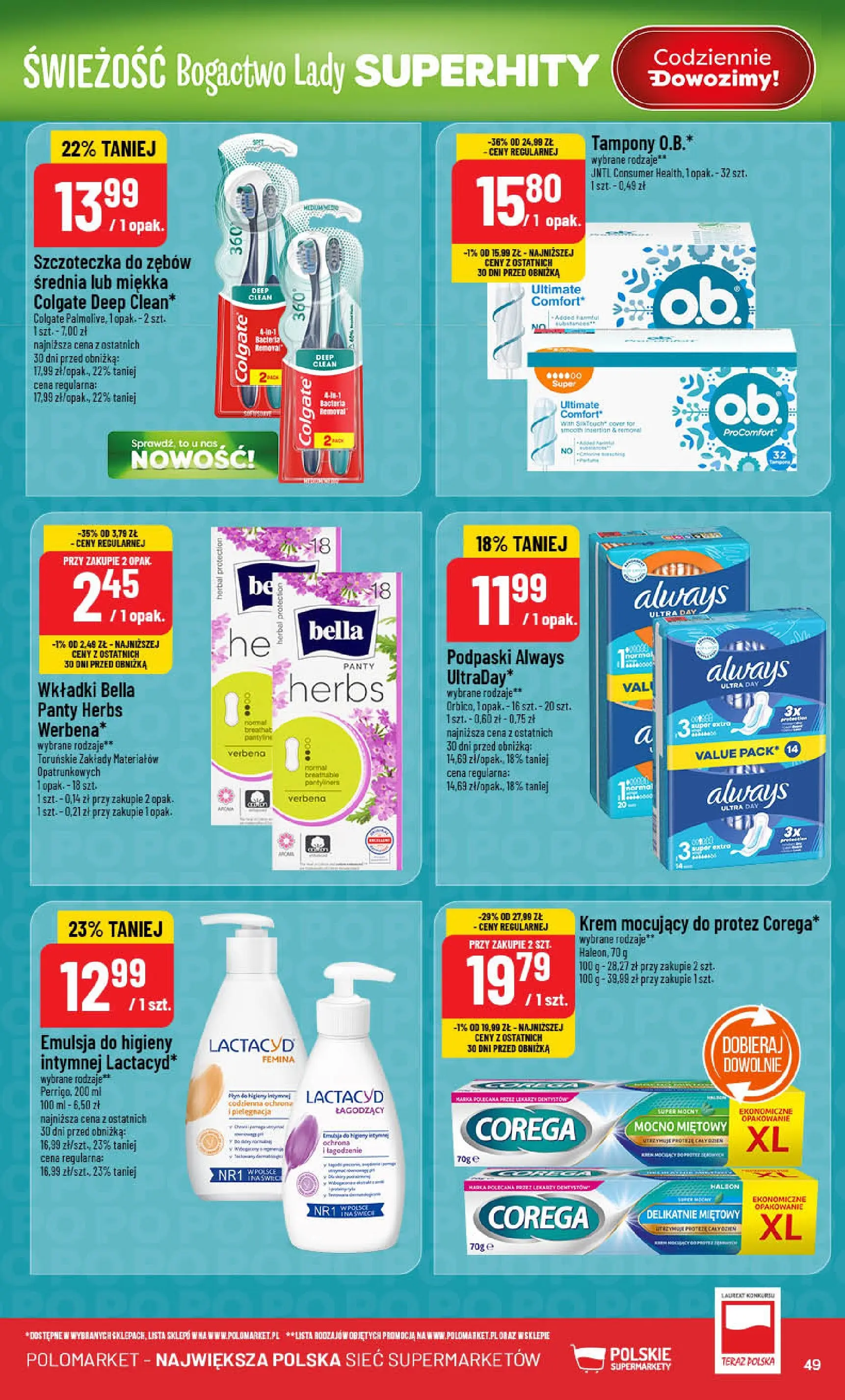 Nowa POLOmarket gazetka od jutra 07.01.2026 (PDF) | Strona: 49 | Produkty: Tampony, Podpaski, Krem, Szczoteczka do zębów