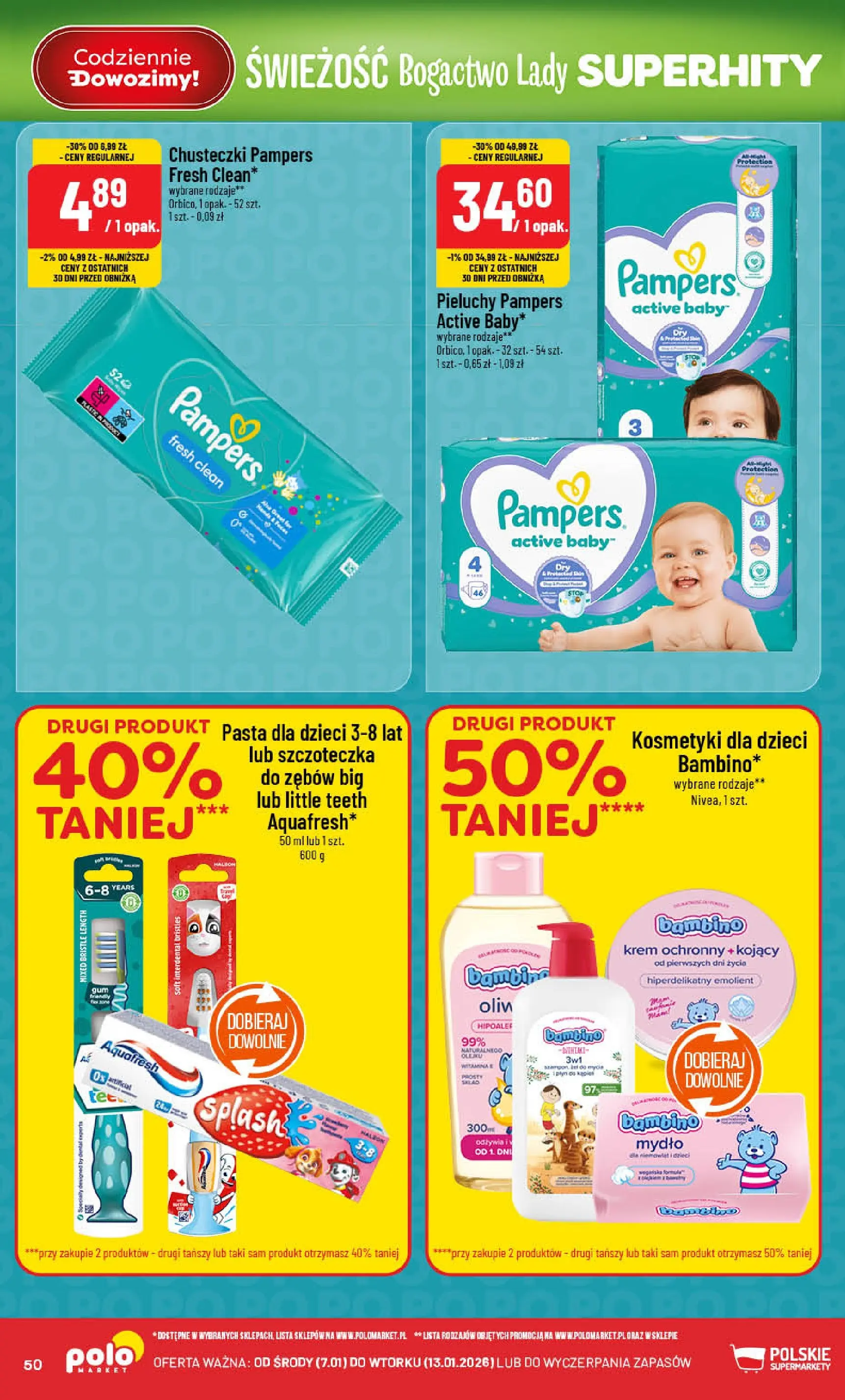 Nowa POLOmarket gazetka od jutra 07.01.2026 (PDF) | Strona: 50 | Produkty: Kosmetyki, Pampers, Mydło, Krem