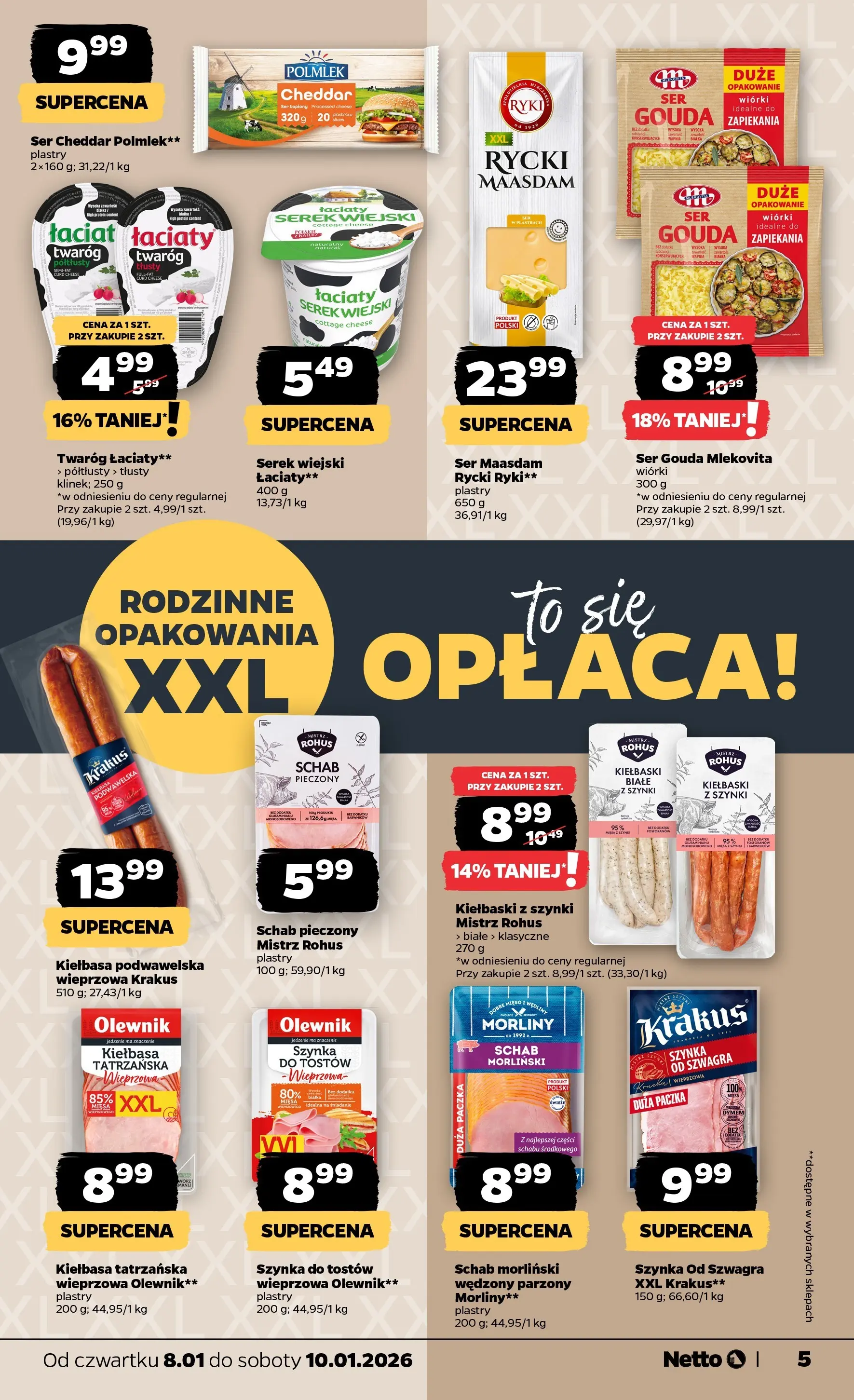 Netto gazetka - Spożywcza od 08.01.2026 - Aktualne promocje | Strona: 5 | Produkty: Mięso, Kiełbasa podwawelska, Twaróg, Cheddar