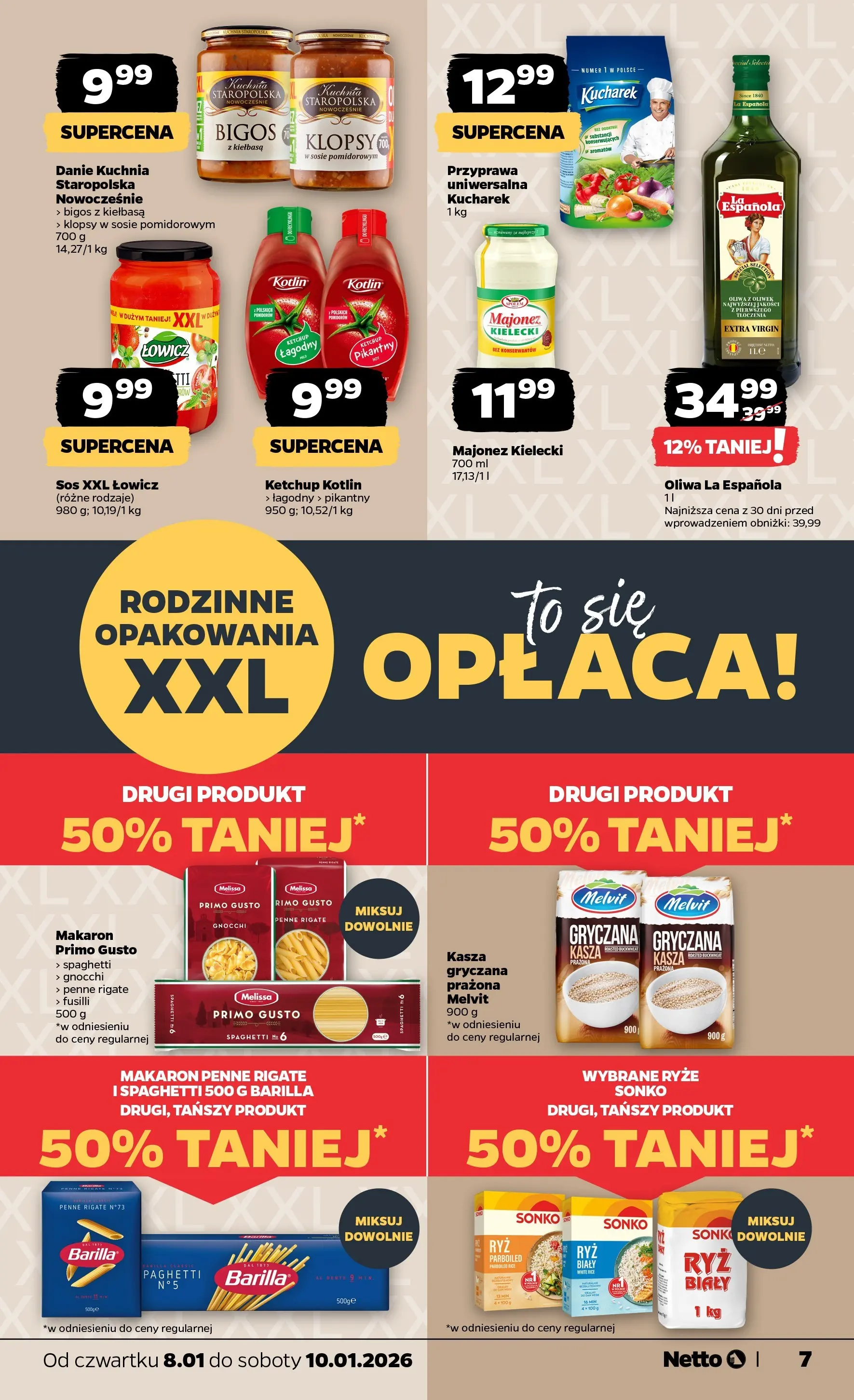 Netto gazetka - Spożywcza od 08.01.2026 - Aktualne promocje | Strona: 7 | Produkty: Kiełbasa, Makaron penne, Oliwa z oliwek, Makaron