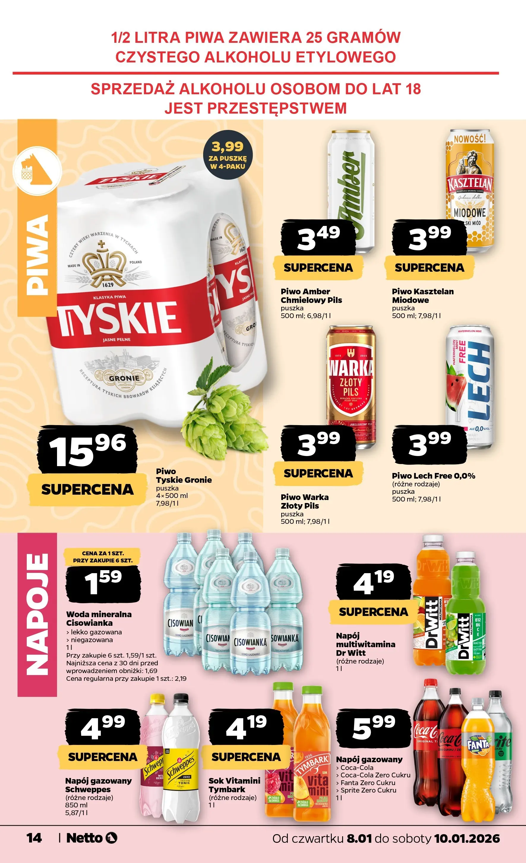 Netto gazetka - Spożywcza od 08.01.2026 - Aktualne promocje | Strona: 14 | Produkty: Miód, Sprite, Warka, Piwo Warka