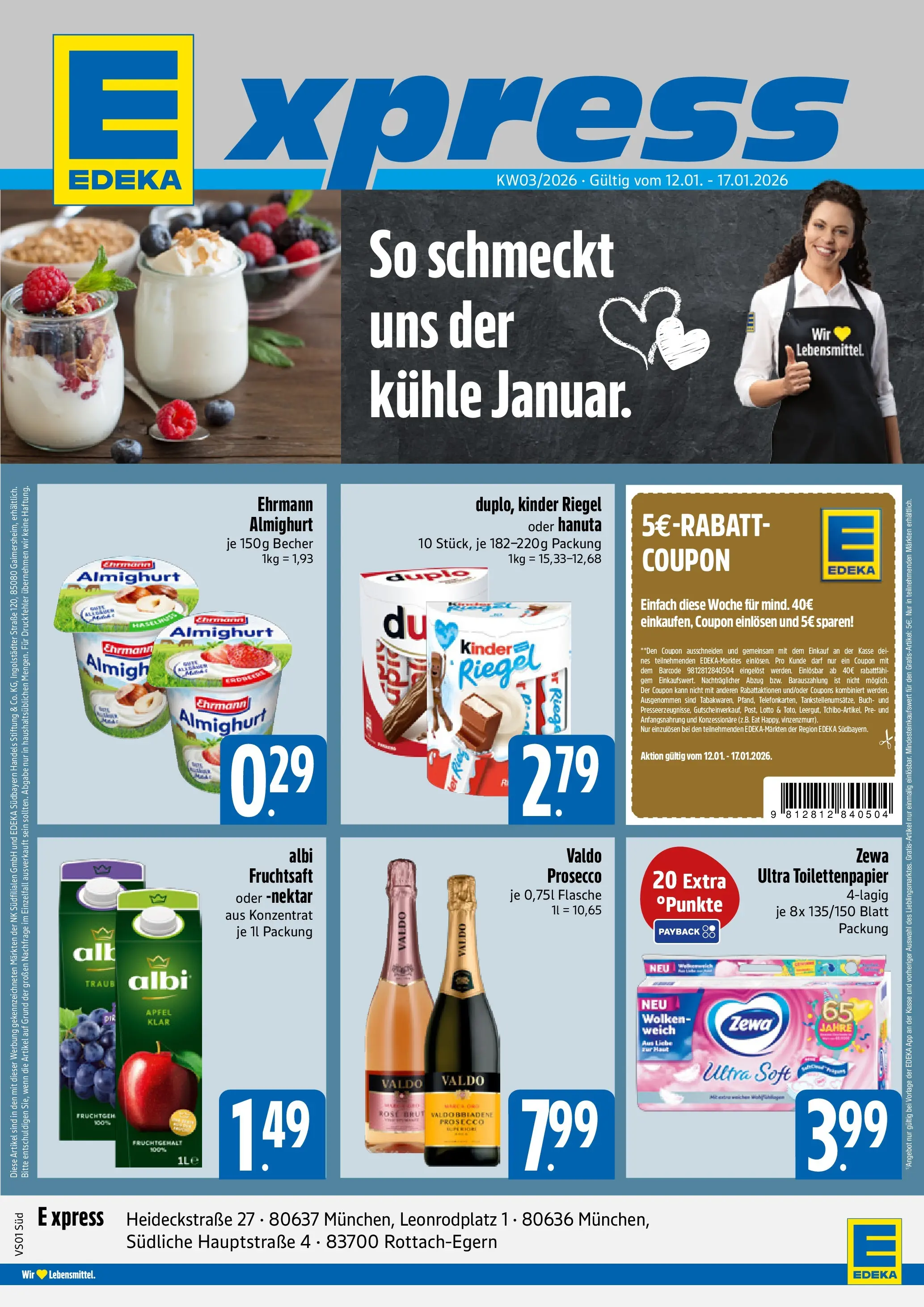 Entdecke - E xpress: Wochenangebote (ab 11.01.2026) zum Blättern | Seite: 1 | Produkte: Äpfel, Kinder riegel, Prosecco, Fruchtsaft