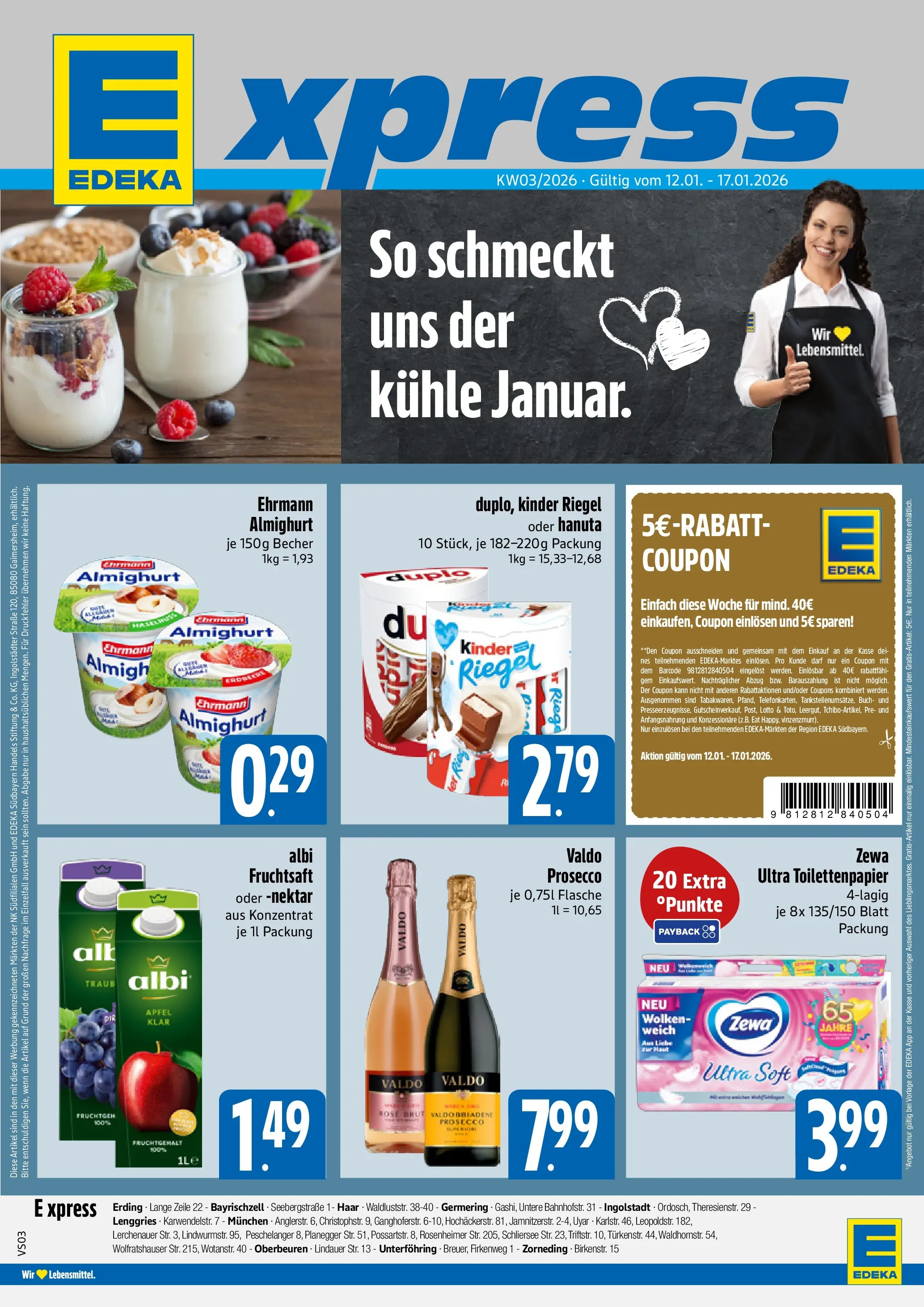 Entdecke - E xpress: Wochenangebote (ab 11.01.2026) zum Blättern | Seite: 1 | Produkte: Tür, Zewa, Prosecco, Fruchtsaft