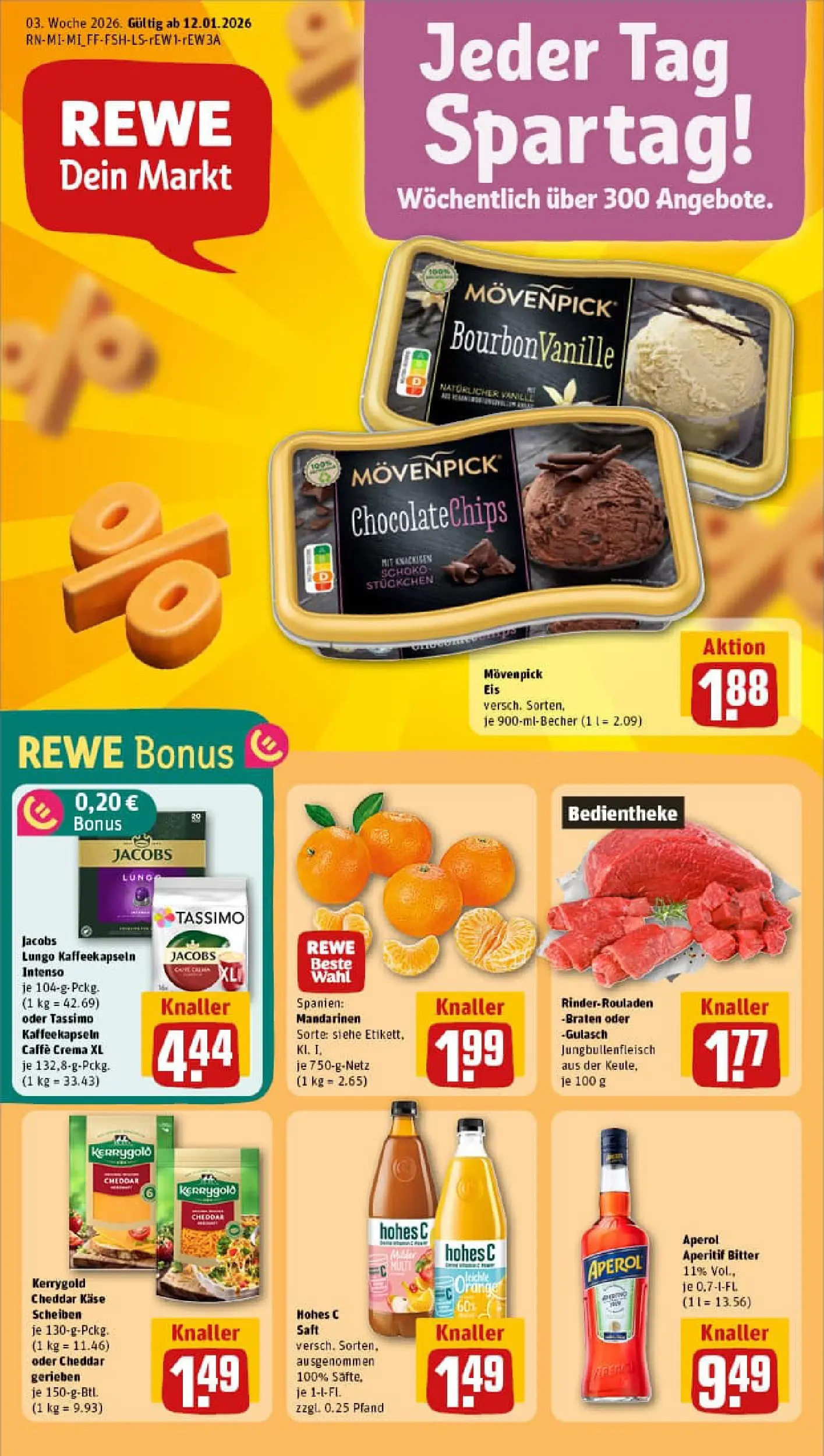 REWE Prospekt ab 11.01.2026 zum Blättern » Angebote | Seite: 1 | Produkte: Rinderrouladen, Mandarinen, Movenpick eis, Gulasch