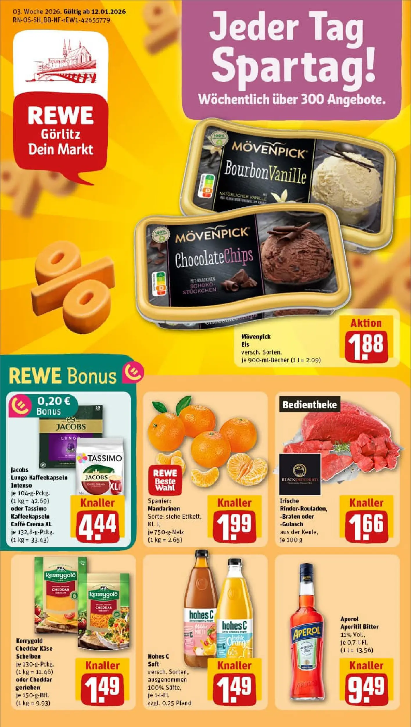 REWE Prospekt ab 11.01.2026 zum Blättern » Angebote | Seite: 1 | Produkte: Mandarinen, Gulasch, Aperol, Saft