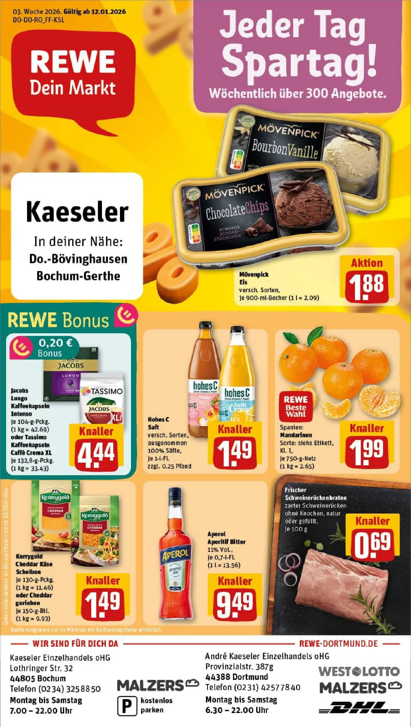 REWE Prospekt ab 11.01.2026 zum Blättern » Angebote | Seite: 1 | Produkte: Mandarinen, Movenpick eis, Hohes c, Telefon