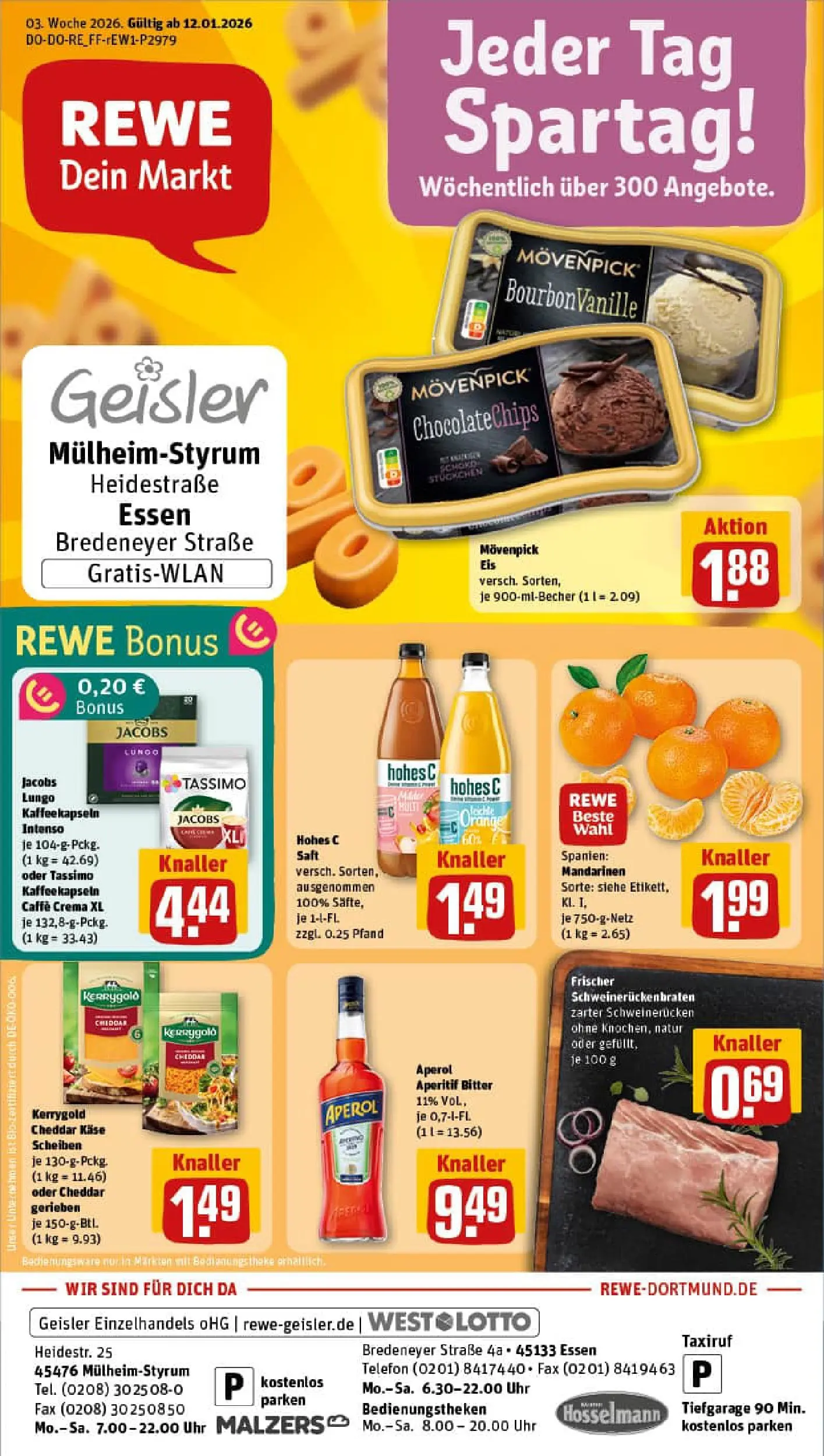 REWE Prospekt ab 11.01.2026 zum Blättern » Angebote | Seite: 1 | Produkte: Mandarinen, Saft, Eis, Uhr