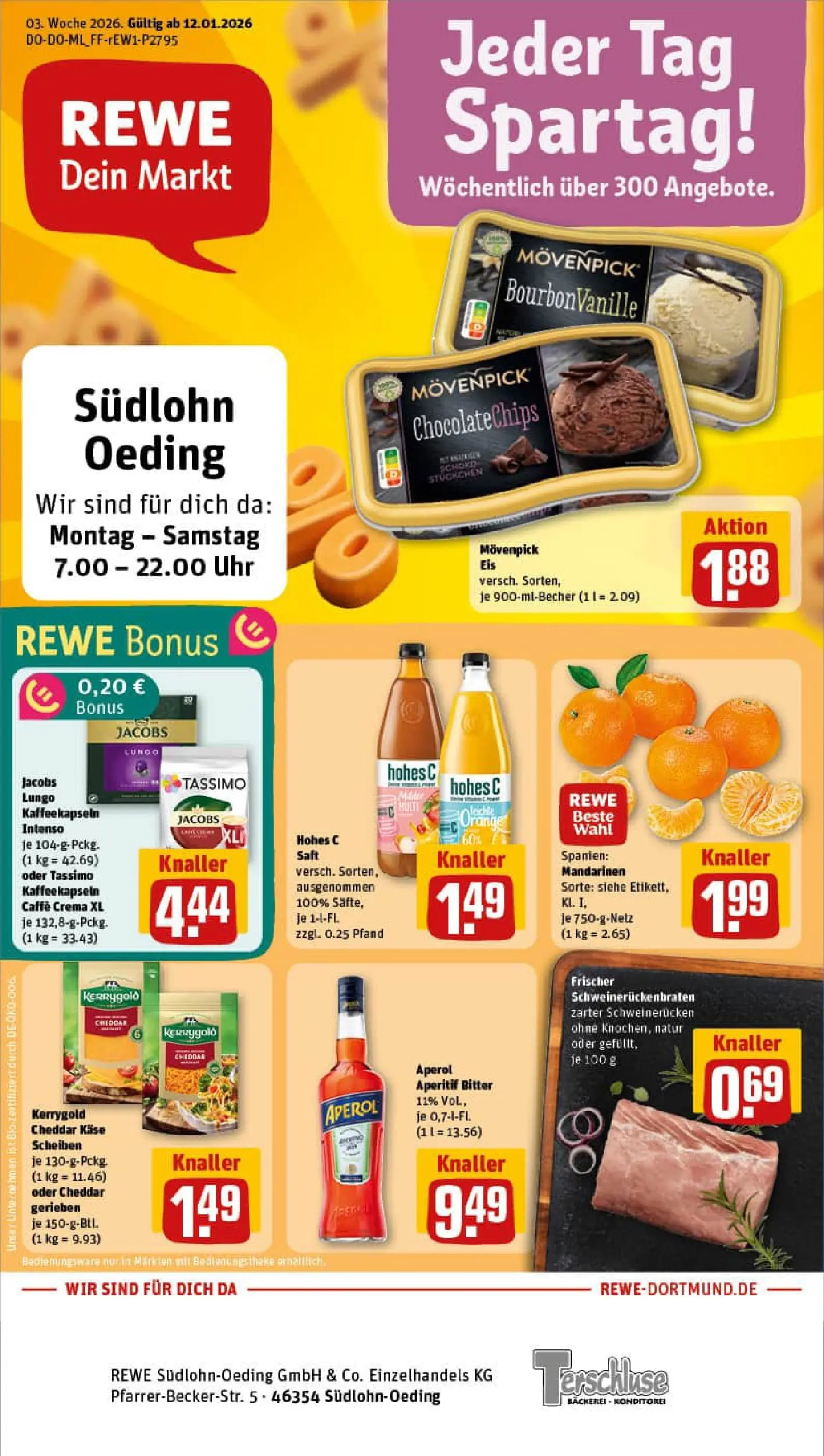 REWE Prospekt ab 11.01.2026 zum Blättern » Angebote | Seite: 1 | Produkte: Schweinerucken, Aperol, Saft, Uhr