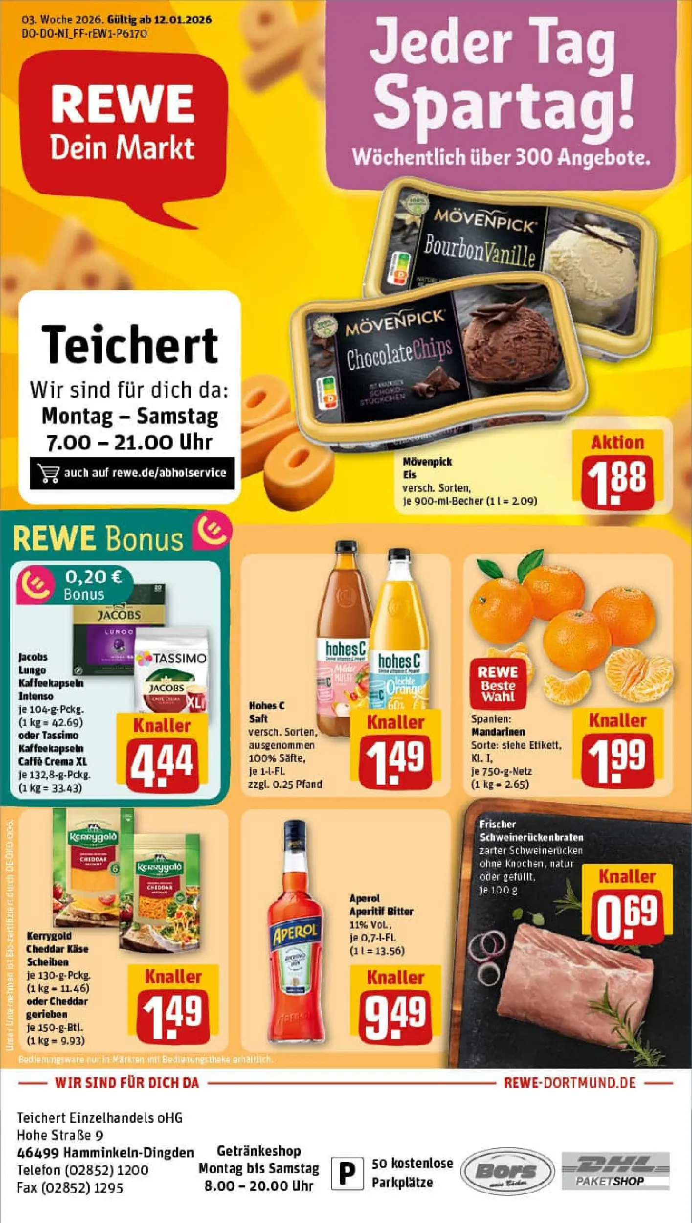 REWE Prospekt ab 11.01.2026 zum Blättern » Angebote | Seite: 1 | Produkte: Käse, Schweinerucken, Saft, Telefon