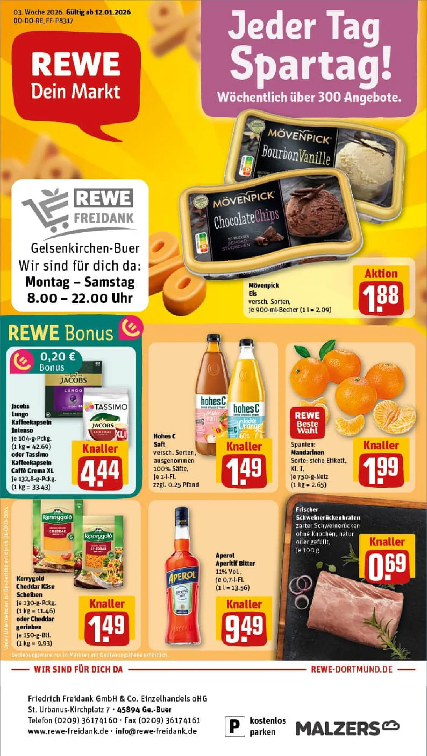 REWE Prospekt ab 11.01.2026 zum Blättern » Angebote | Seite: 1 | Produkte: Hohes c, Saft, Tassimo, Eis