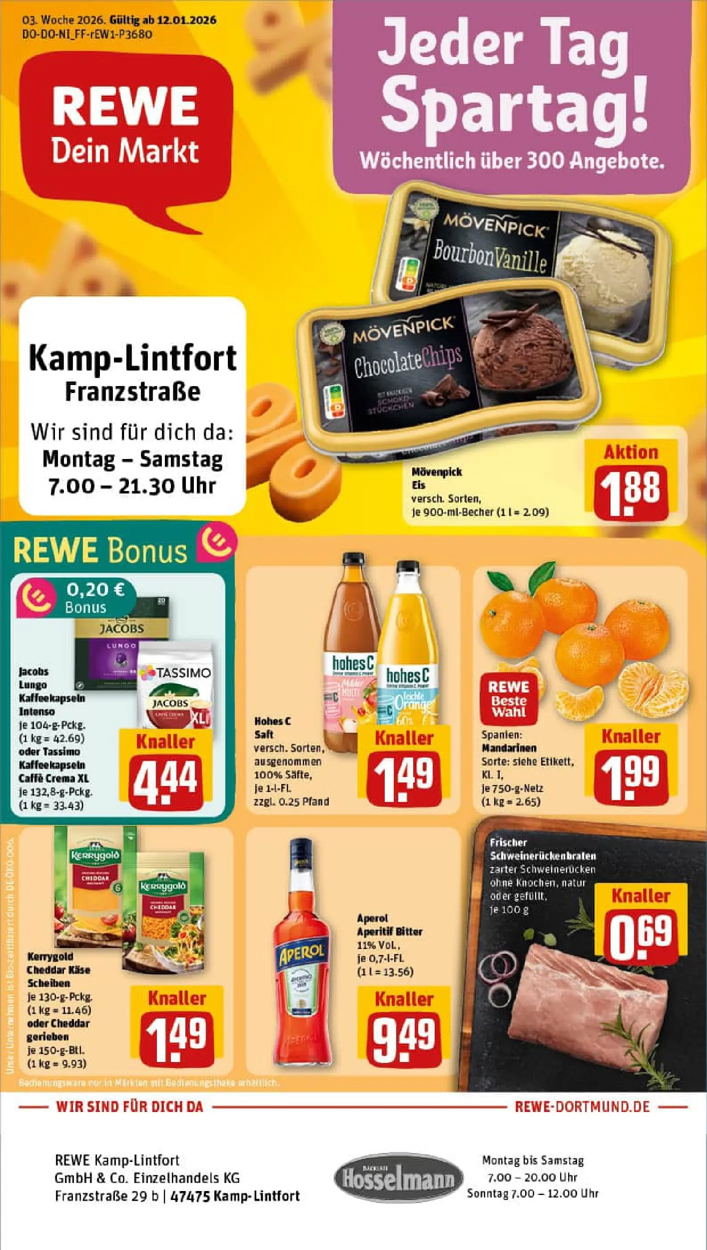 REWE Prospekt ab 11.01.2026 zum Blättern » Angebote | Seite: 1 | Produkte: Mandarinen, Movenpick eis, Schweinerucken, Saft