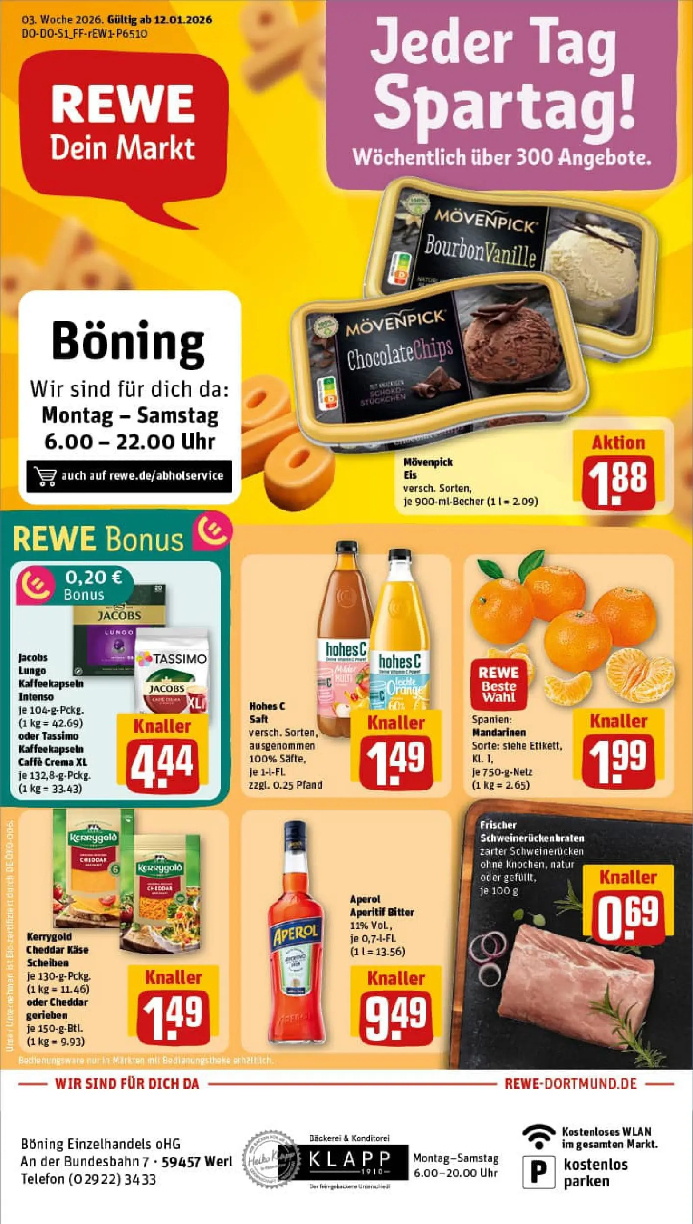 REWE Prospekt ab 11.01.2026 zum Blättern » Angebote | Seite: 1 | Produkte: Movenpick eis, Hohes c, Saft, Eis