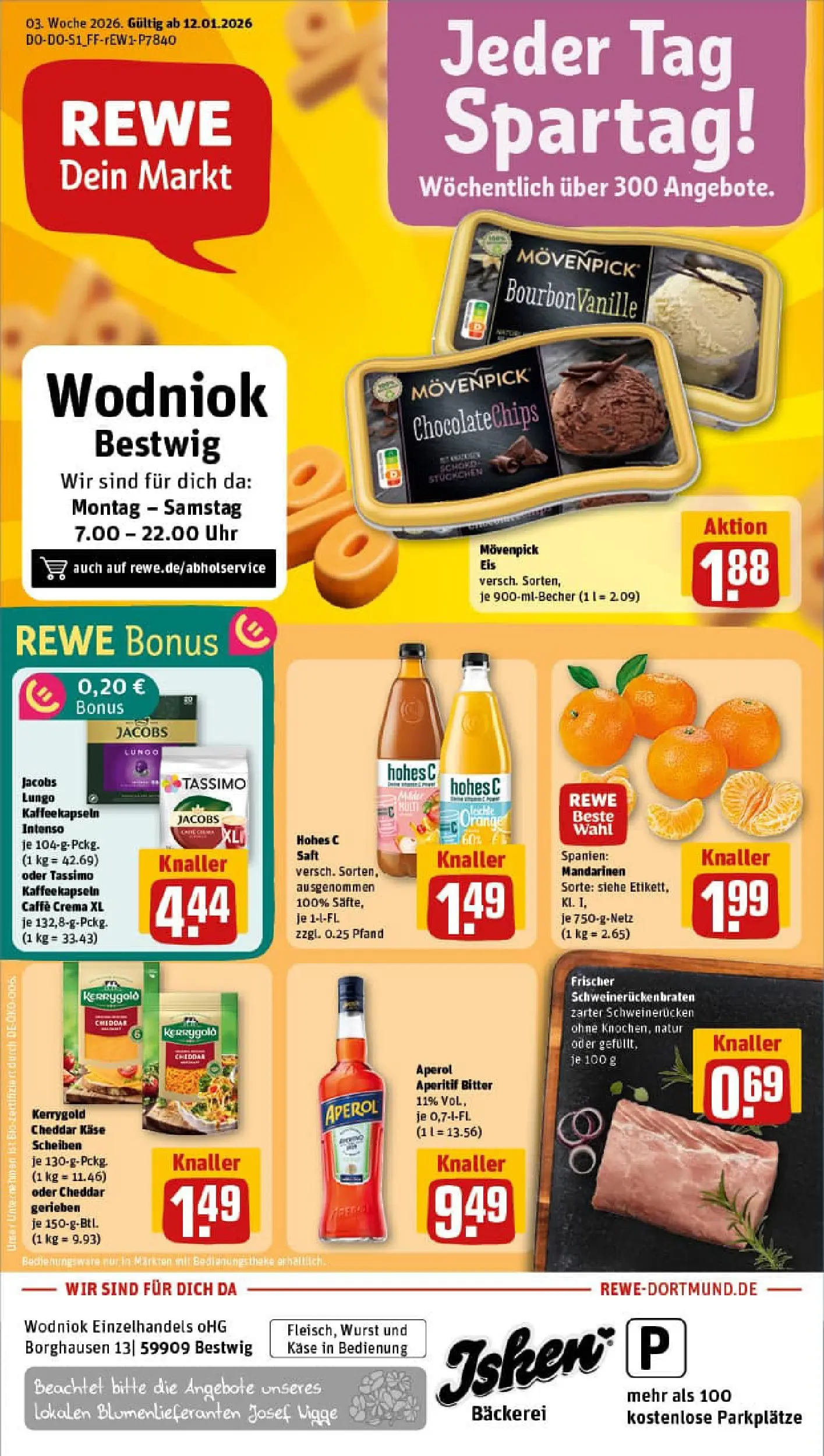 REWE Prospekt ab 11.01.2026 zum Blättern » Angebote | Seite: 1 | Produkte: Mandarinen, Movenpick eis, Tassimo, Uhr