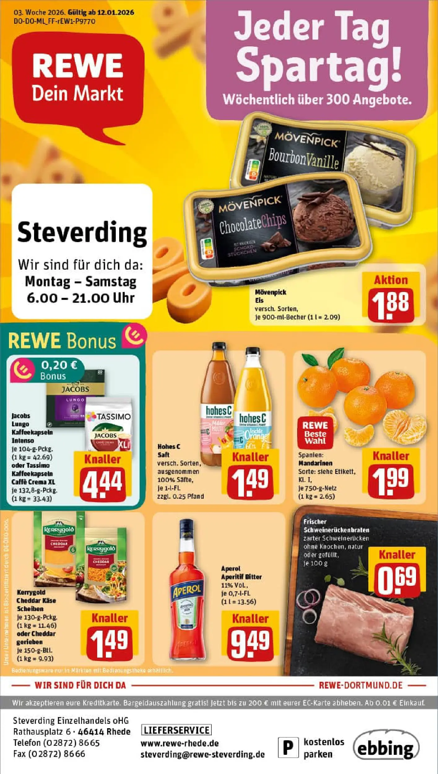 REWE Prospekt ab 11.01.2026 zum Blättern » Angebote | Seite: 1 | Produkte: Movenpick eis, Saft, Tassimo, Uhr