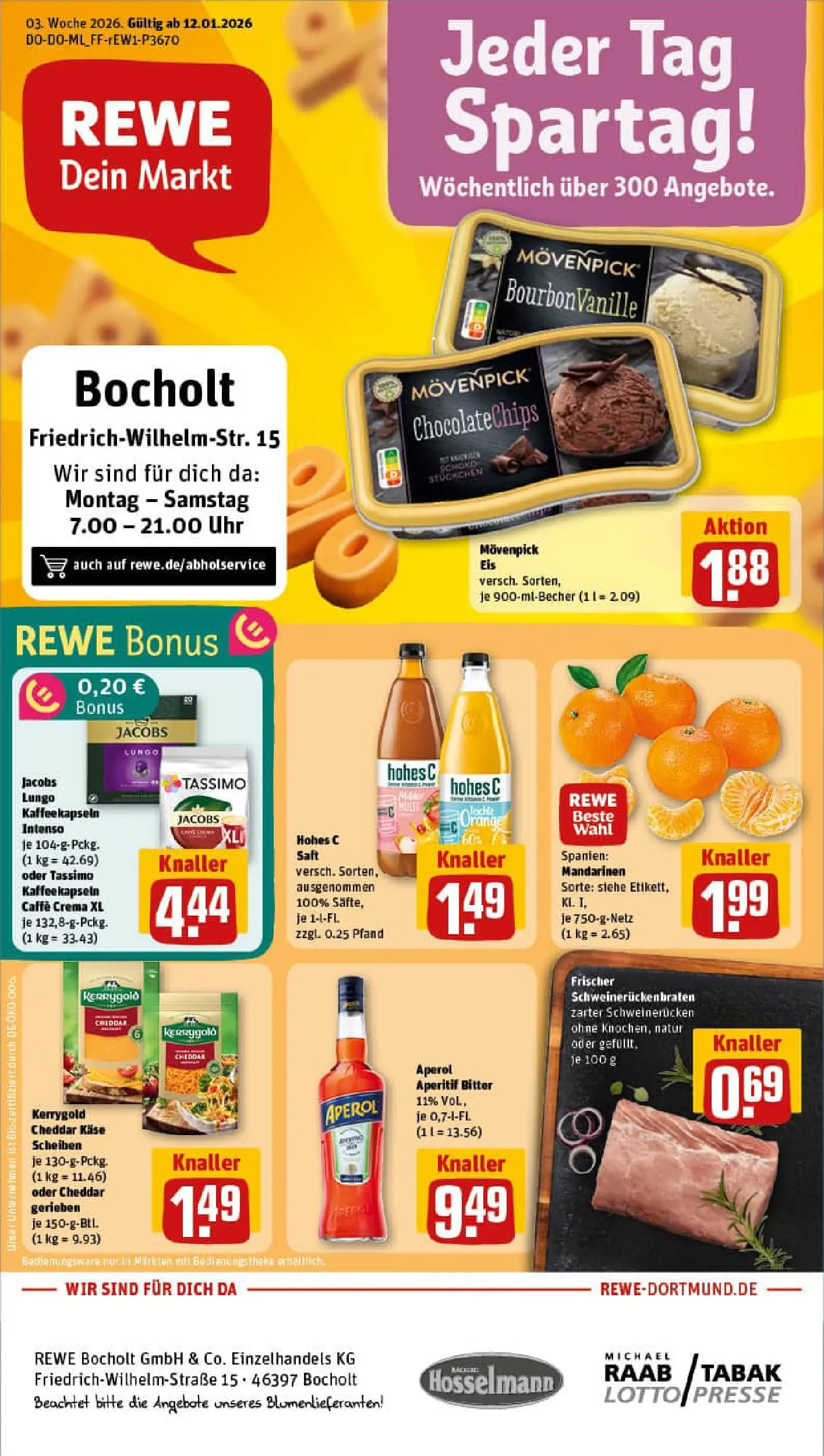 REWE Prospekt ab 11.01.2026 zum Blättern » Angebote | Seite: 1 | Produkte: Presse, Movenpick eis, Hohes c, Uhr
