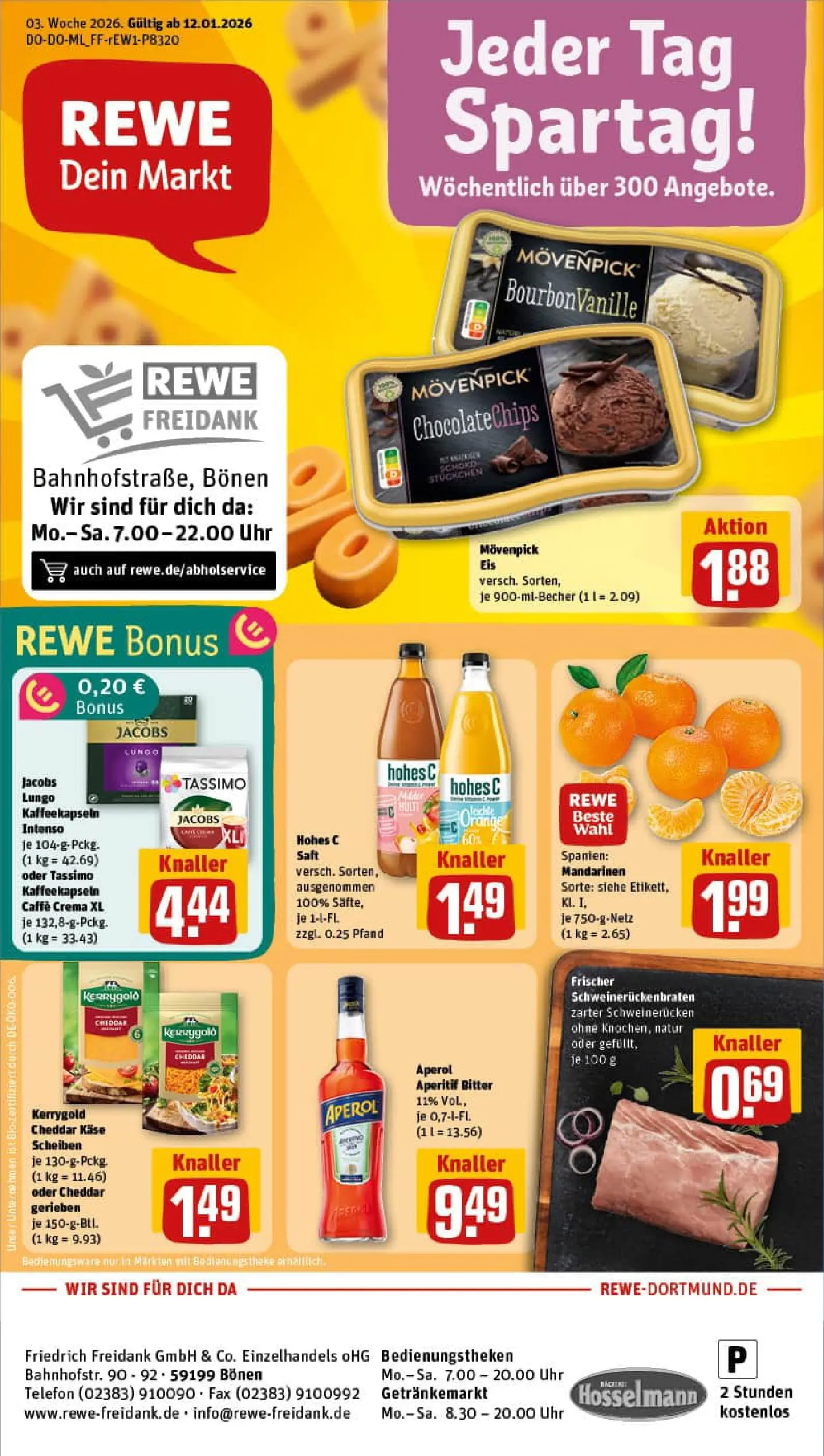 REWE Prospekt ab 11.01.2026 zum Blättern » Angebote | Seite: 1 | Produkte: Movenpick eis, Schweinerucken, Tassimo, Eis