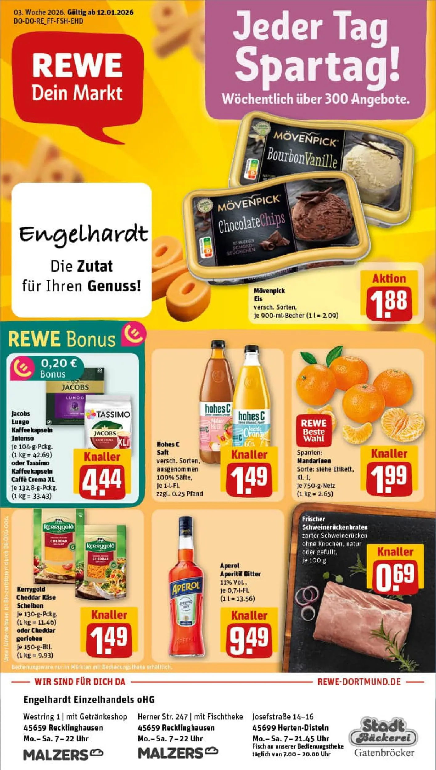 REWE Prospekt ab 11.01.2026 zum Blättern » Angebote | Seite: 1 | Produkte: Mandarinen, Movenpick eis, Eis, Uhr
