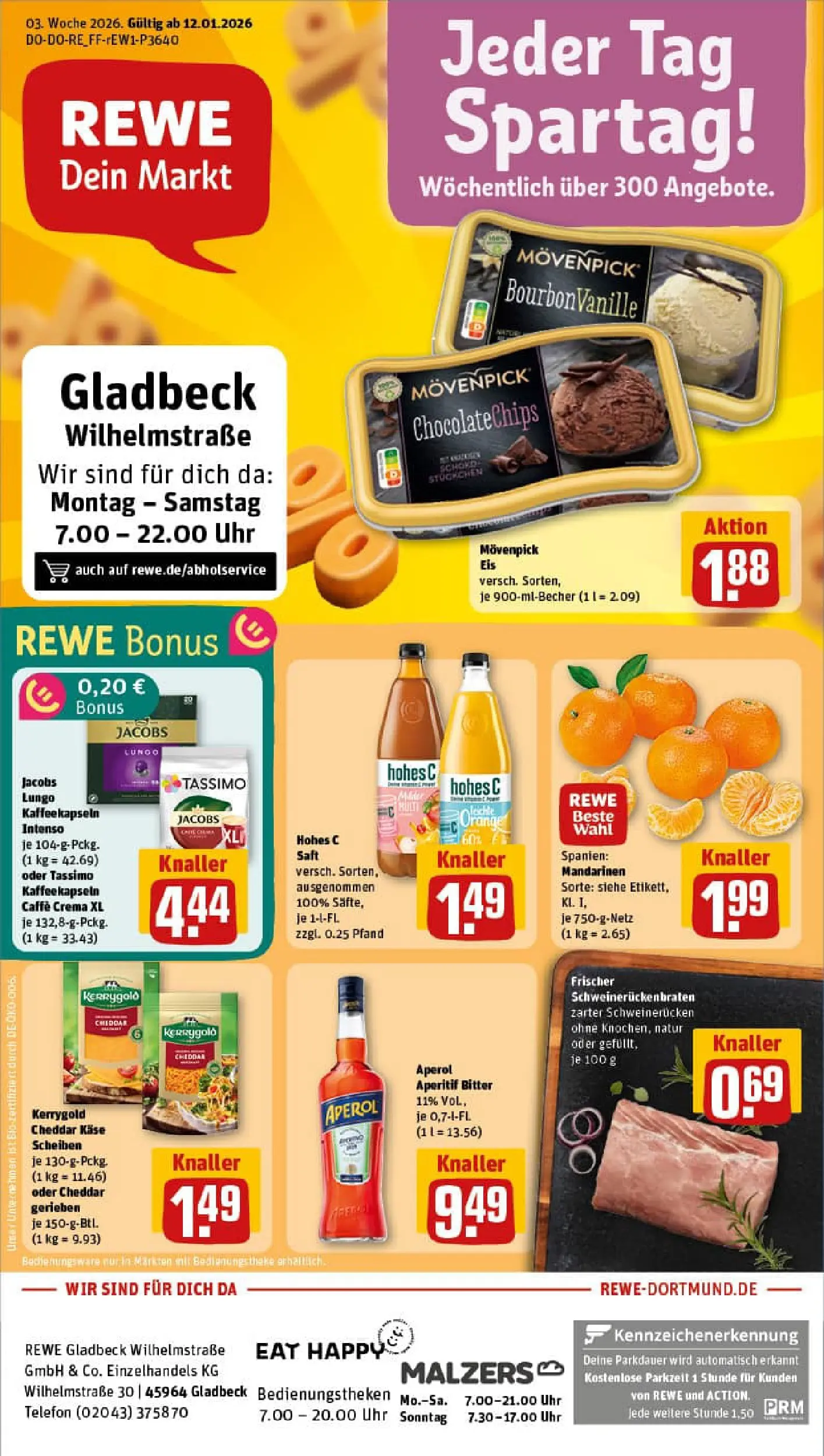 REWE Prospekt ab 11.01.2026 zum Blättern » Angebote | Seite: 1 | Produkte: Käse, Mandarinen, Movenpick eis, Aperol