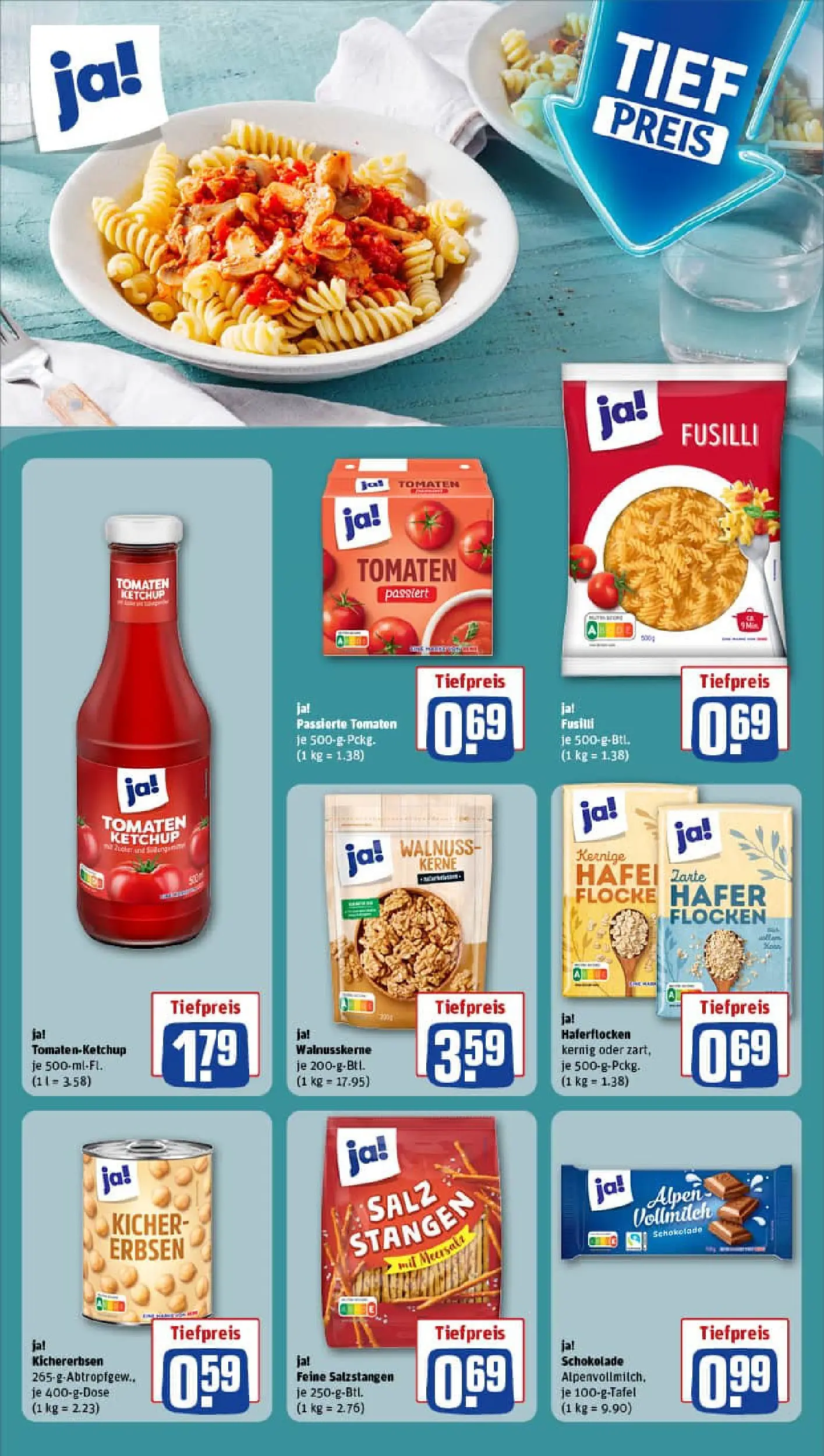 REWE Prospekt ab 11.01.2026 zum Blättern » Angebote | Seite: 14 | Produkte: Salz, Pasta, Ketchup, Erbsen
