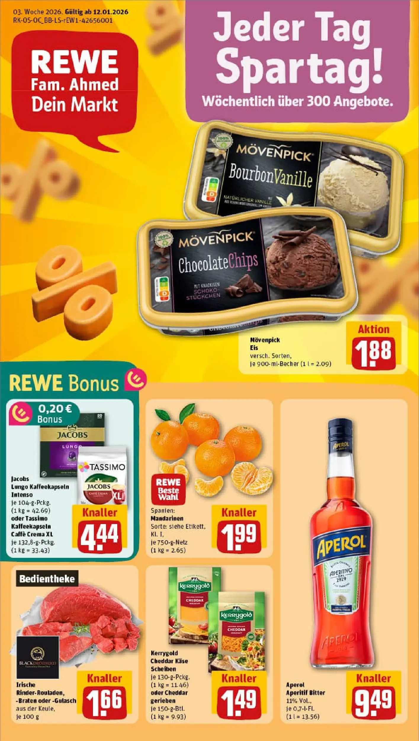 REWE Prospekt ab 11.01.2026 zum Blättern » Angebote | Seite: 1 | Produkte: Movenpick eis, Gulasch, Aperol, Eis