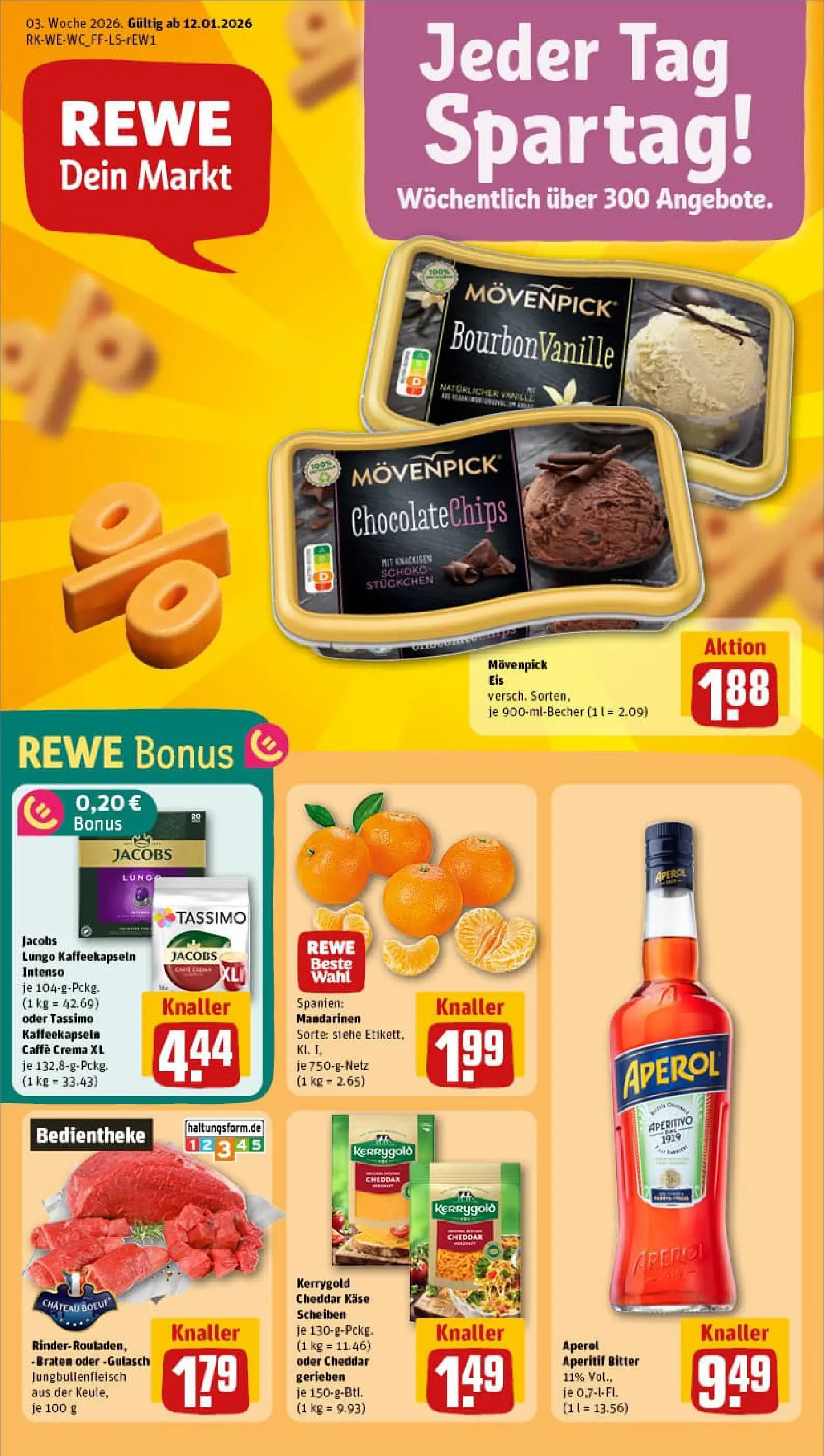 REWE Prospekt ab 11.01.2026 zum Blättern » Angebote | Seite: 1 | Produkte: Käse, Mandarinen, Aperol, Eis