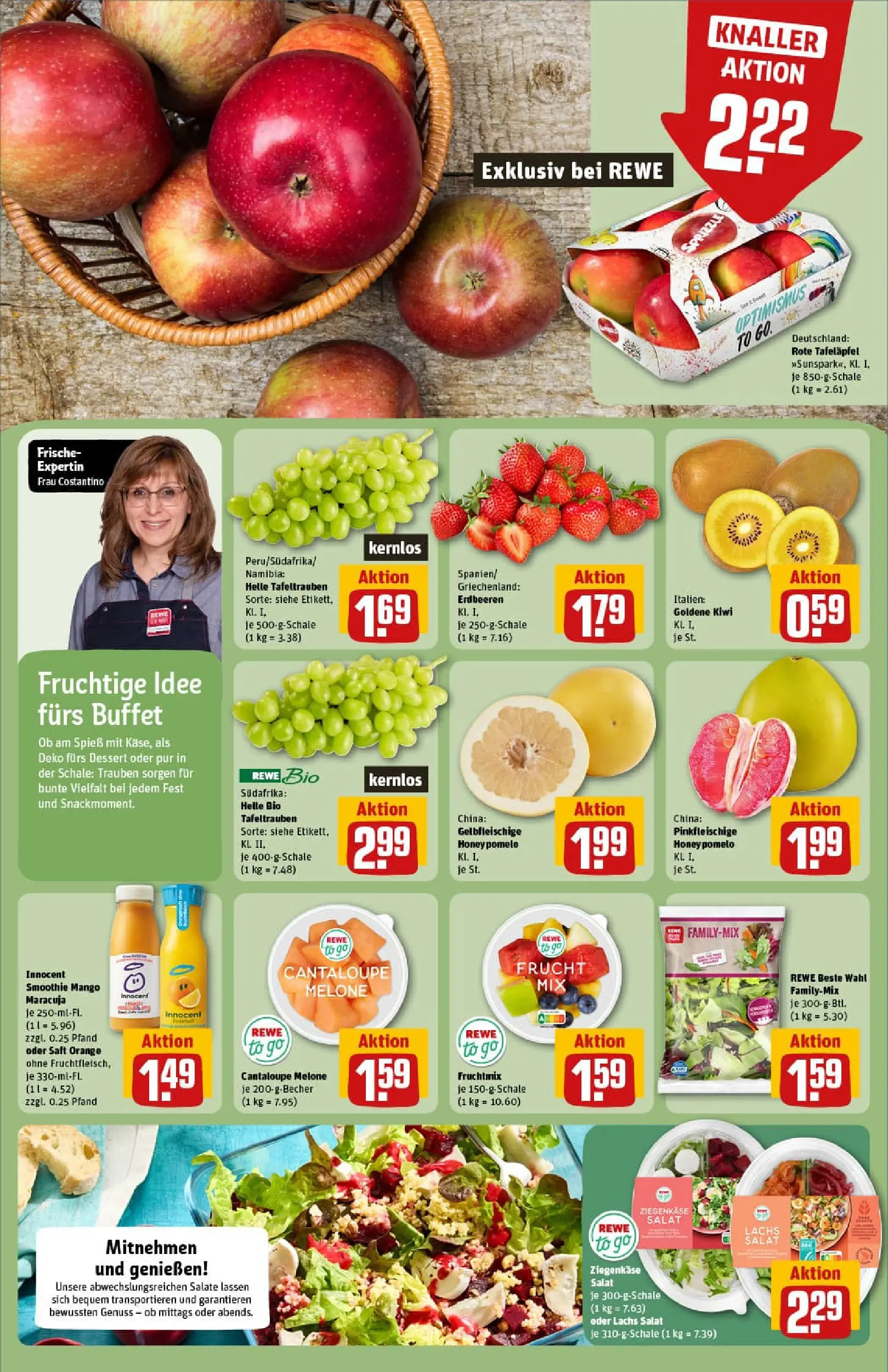 REWE Prospekt ab 11.01.2026 zum Blättern » Angebote | Seite: 6 | Produkte: Trauben, Ziegenkäse, Saft, Salat