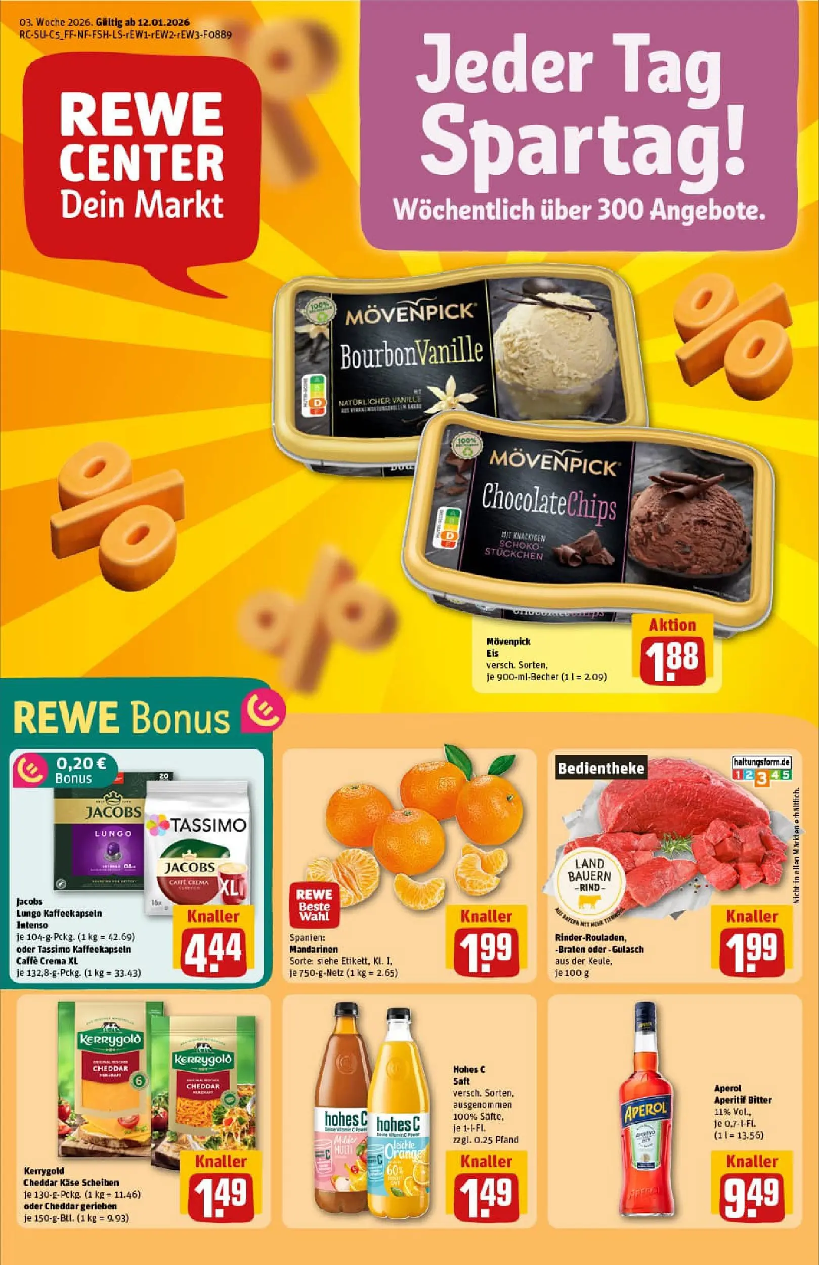 REWE Prospekt ab 11.01.2026 zum Blättern » Angebote | Seite: 1 | Produkte: Mandarinen, Hohes c, Aperol, Saft