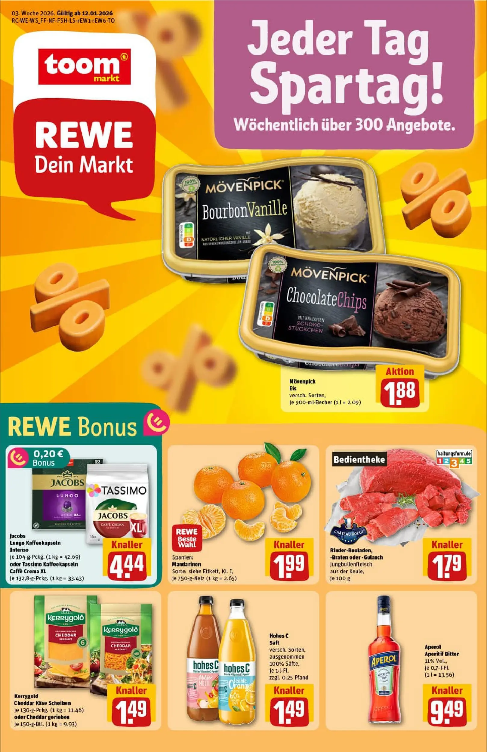 REWE Prospekt ab 11.01.2026 zum Blättern » Angebote | Seite: 1 | Produkte: Mandarinen, Hohes c, Aperol, Saft