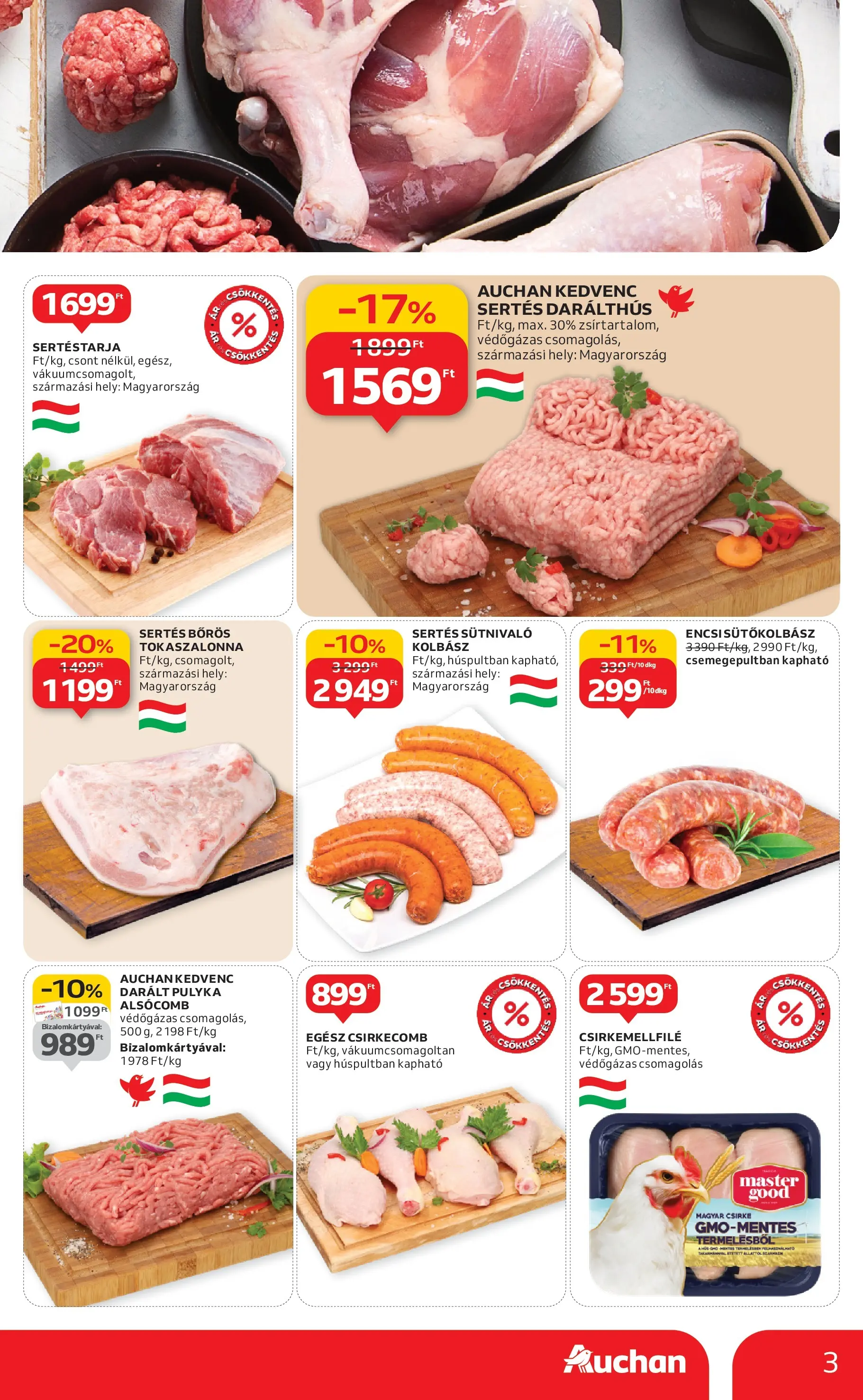 Auchan Akciós újság Szolnok - 2026.01.08. -tól/töl > akció, lapozható szórólap 🛍️ | Oldal: 3 | Termékek: Sertéstarja, Kolbász, Tokaszalonna, Csirkecomb