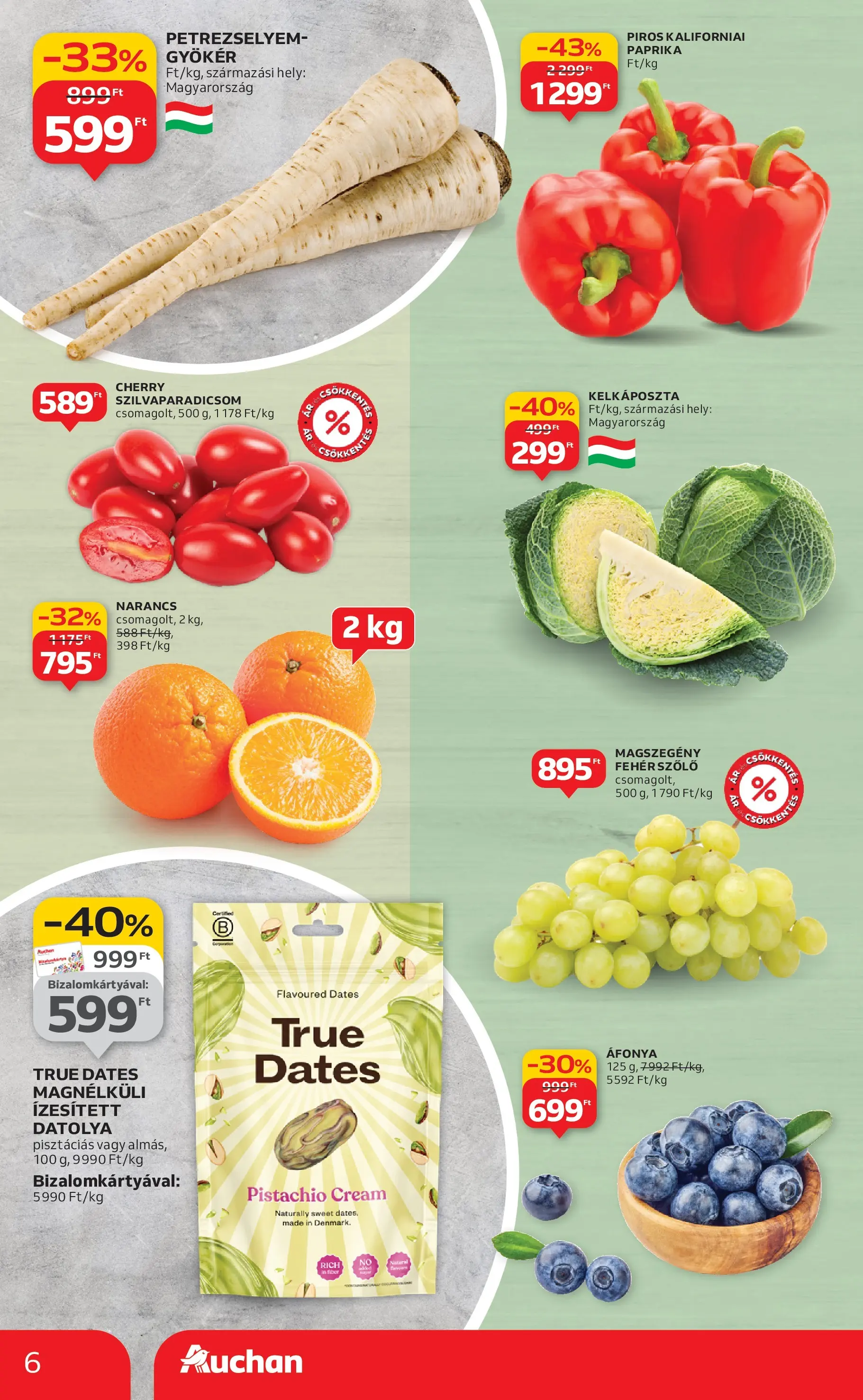 Auchan Akciós újság Szolnok - 2026.01.08. -tól/töl > akció, lapozható szórólap 🛍️ | Oldal: 6 | Termékek: Áfonya, Petrezselyem, Kelkáposzta, Narancs