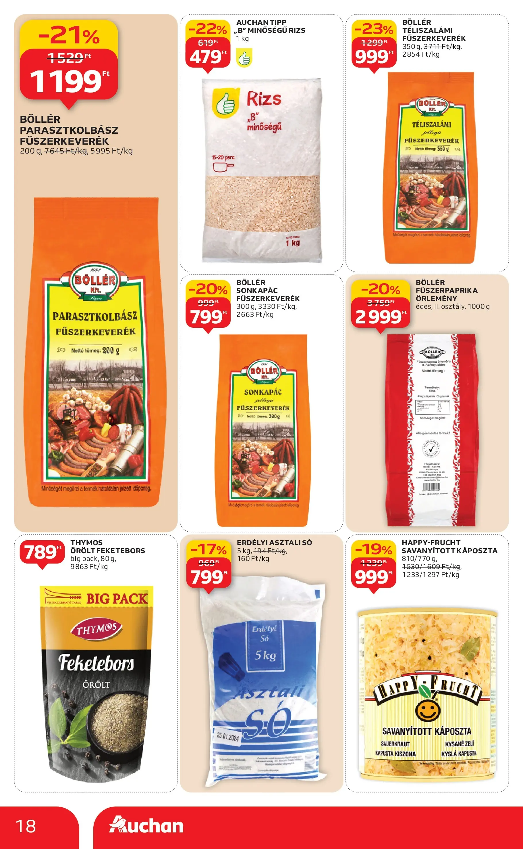 Auchan Akciós újság Szolnok - 2026.01.08. -tól/töl > akció, lapozható szórólap 🛍️ | Oldal: 18 | Termékek: Káposzta, Fűszerkeverék, Rizs, Téliszalámi