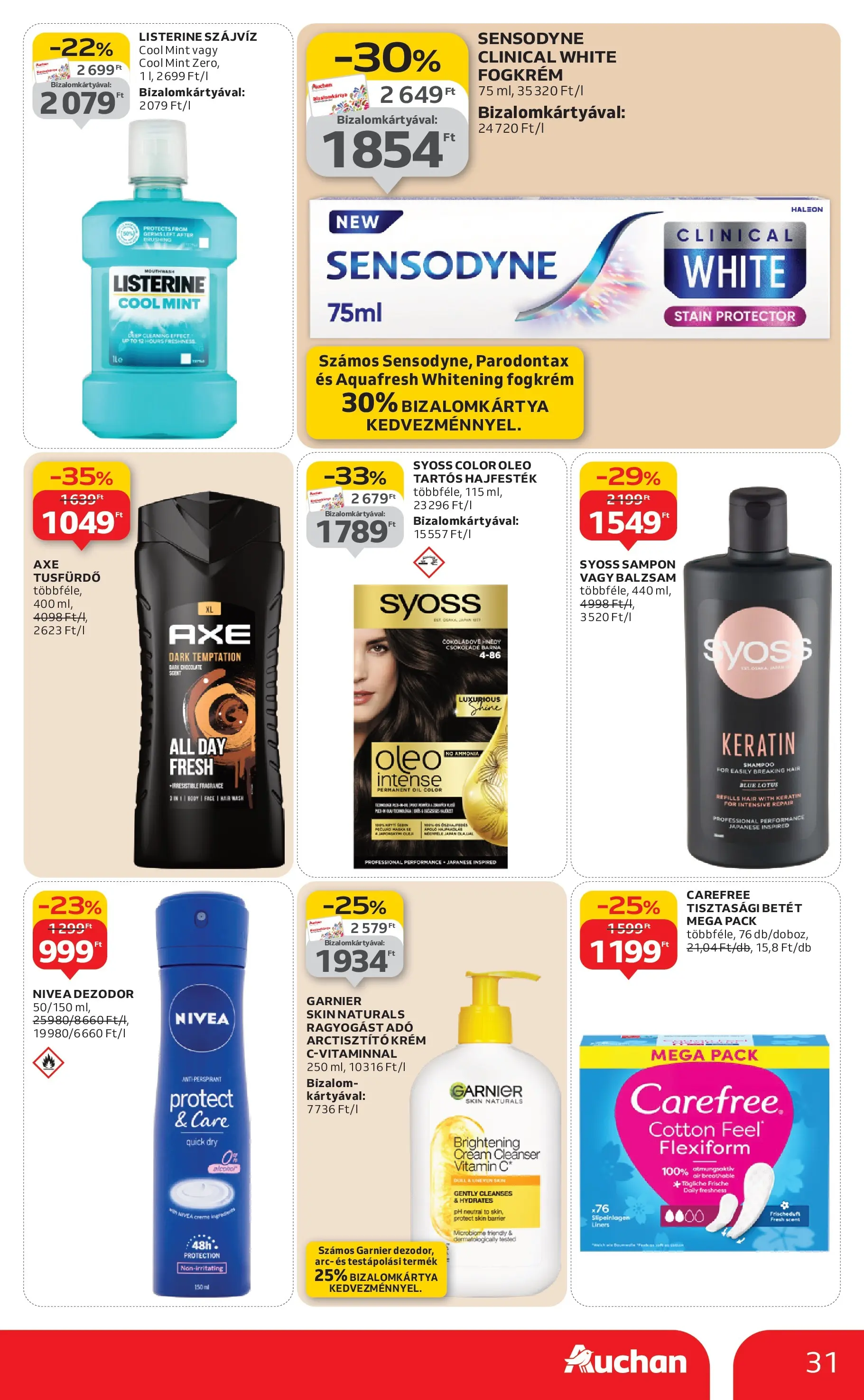 Auchan Akciós újság Szolnok - 2026.01.08. -tól/töl > akció, lapozható szórólap 🛍️ | Oldal: 31 | Termékek: Tisztasági betét, Sampon, Csokoládé, Szájvíz