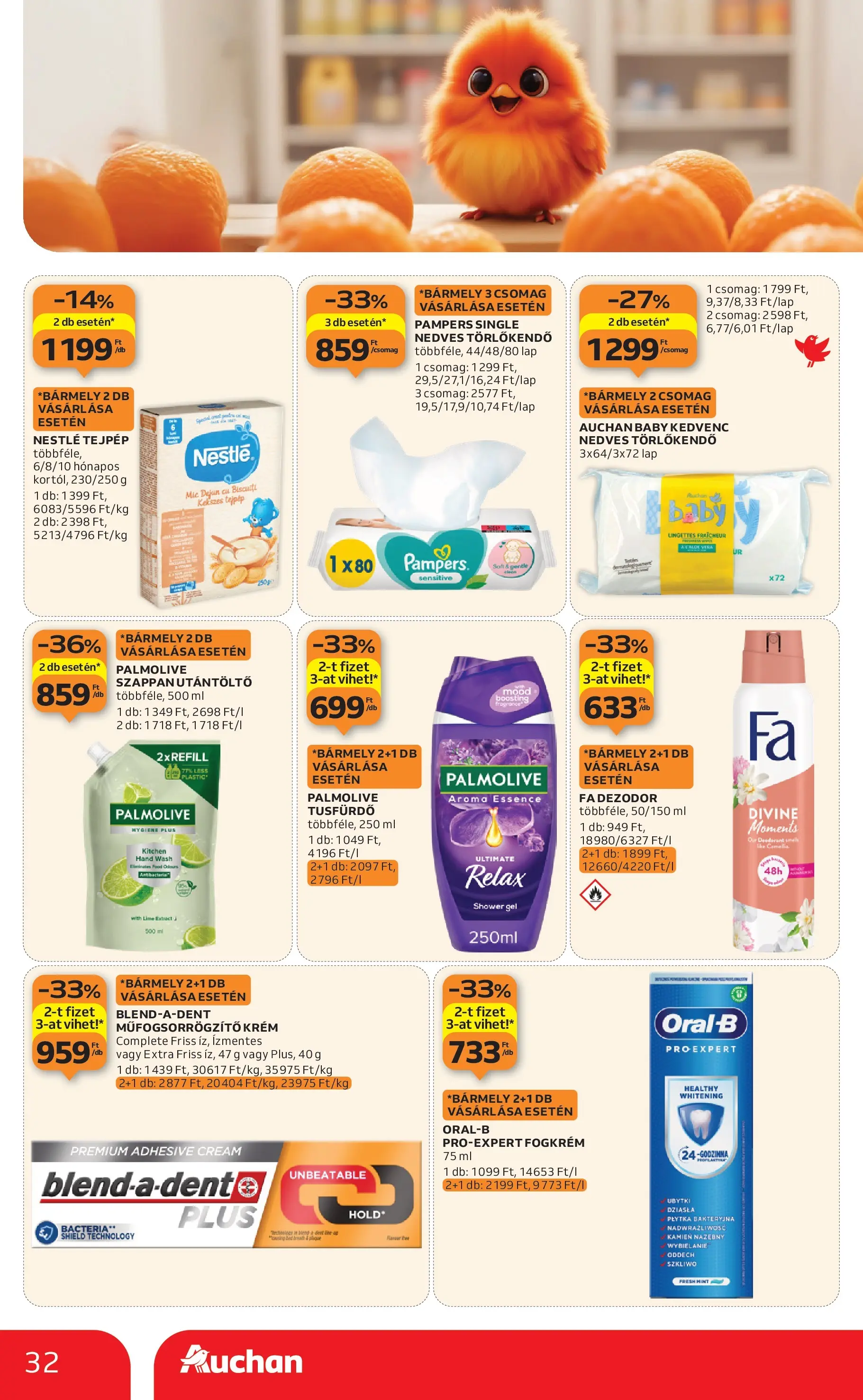 Auchan Akciós újság Szolnok - 2026.01.08. -tól/töl > akció, lapozható szórólap 🛍️ | Oldal: 32 | Termékek: Pampers, Törlőkendő, Tusfürdő, Fogkrém