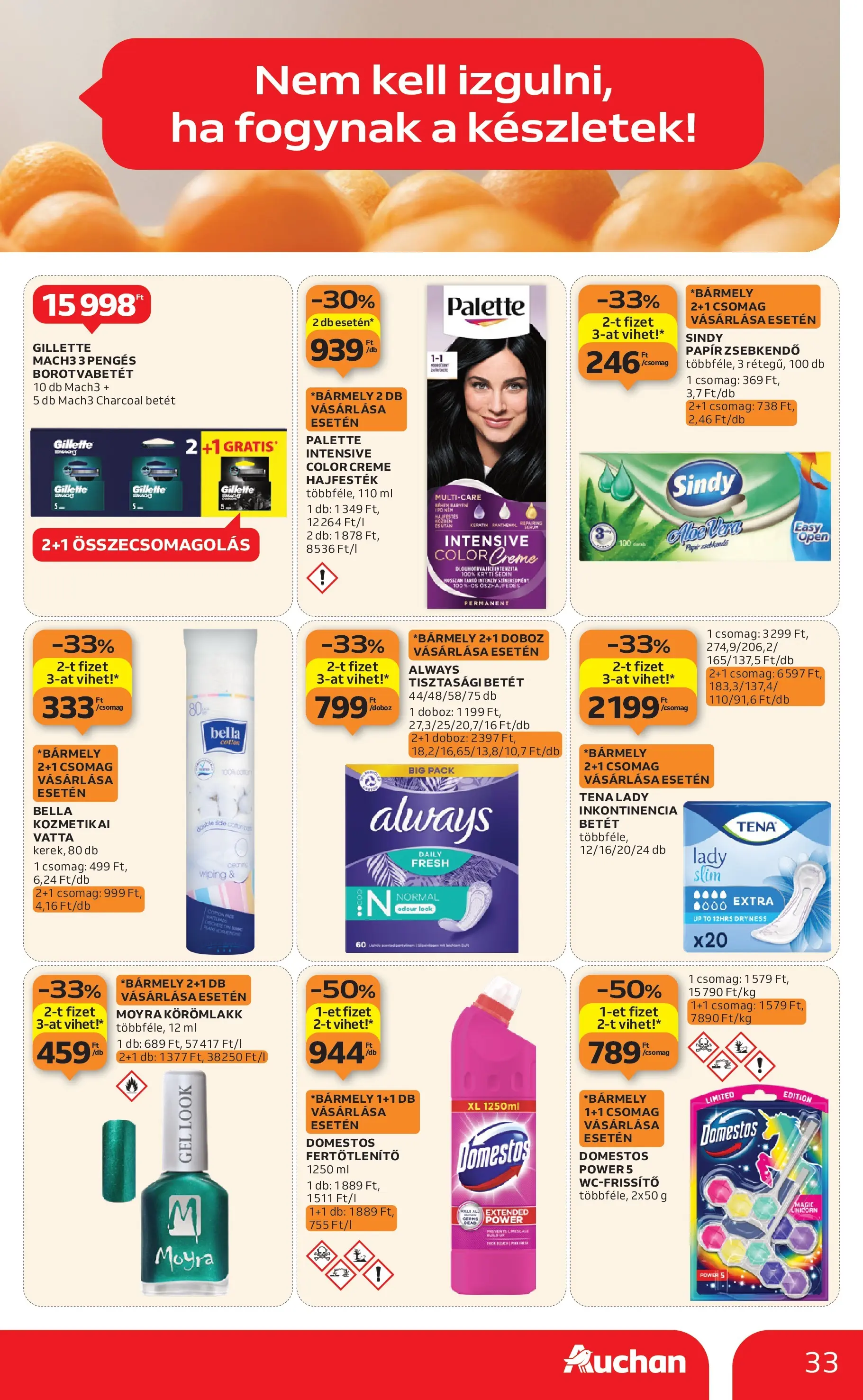 Auchan Akciós újság Szolnok - 2026.01.08. -tól/töl > akció, lapozható szórólap 🛍️ | Oldal: 33 | Termékek: Borotvabetét, Tisztasági betét, Doboz, Körömlakk