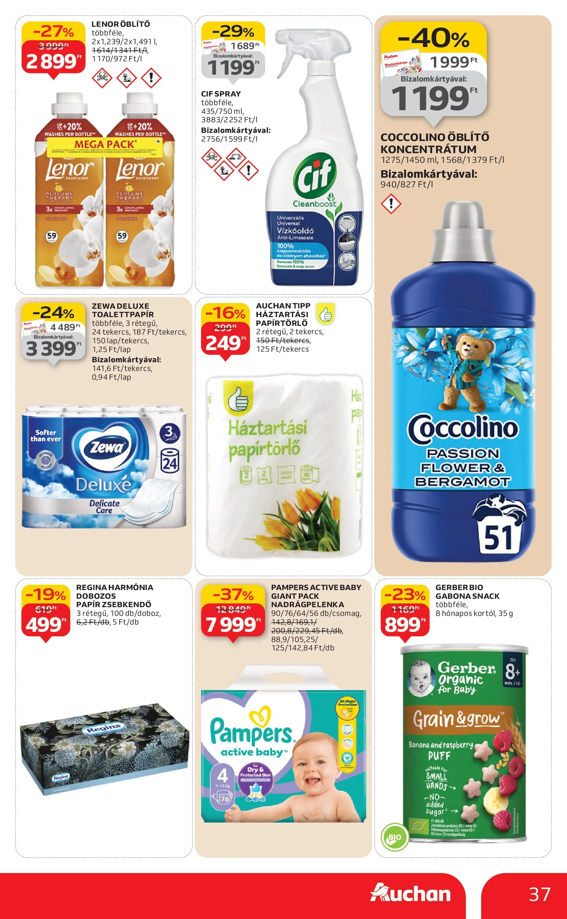 Auchan Akciós újság Szolnok - 2026.01.08. -tól/töl > akció, lapozható szórólap 🛍️ | Oldal: 37 | Termékek: Coccolino, Pampers, Öblítő, Puff