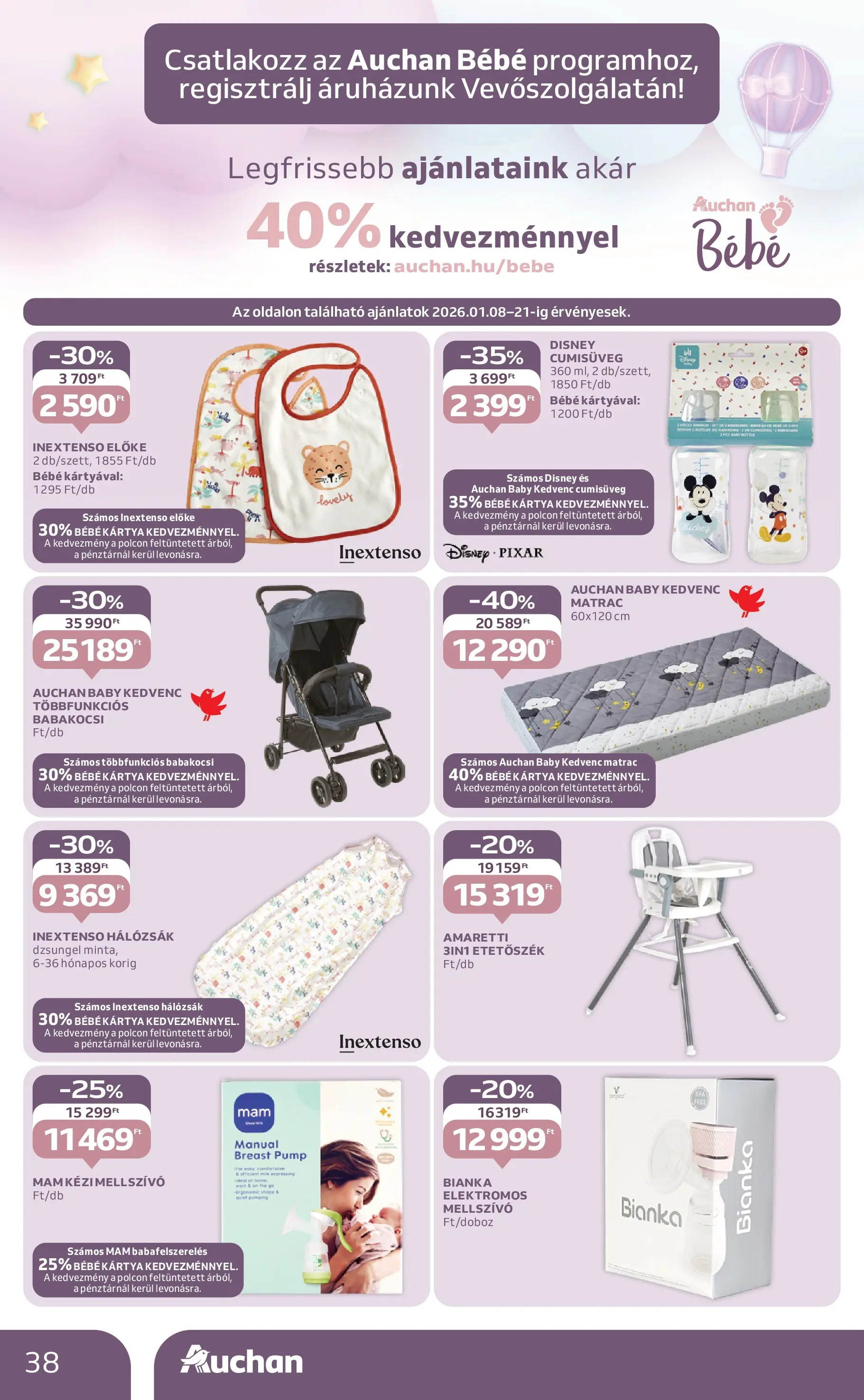 Auchan Akciós újság Szolnok - 2026.01.08. -tól/töl > akció, lapozható szórólap 🛍️ | Oldal: 38 | Termékek: Etetőszék, Matrac, Babakocsi, Hálózsák