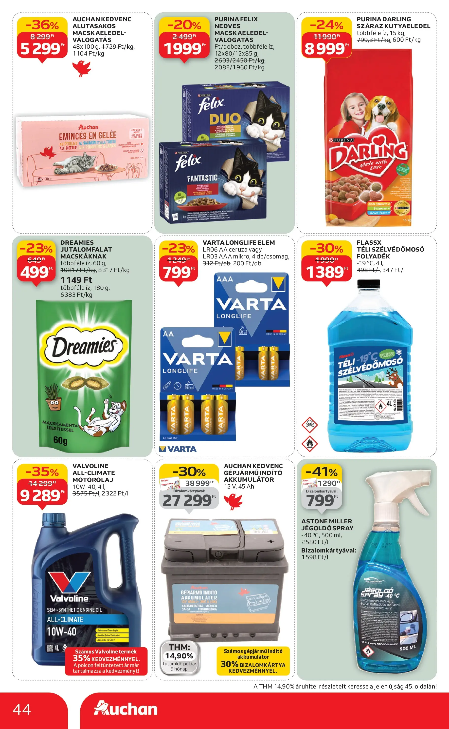 Auchan Akciós újság Szolnok - 2026.01.08. -tól/töl > akció, lapozható szórólap 🛍️ | Oldal: 44 | Termékek: Macskaeledel, Kutyaeledel, Akkumulátor, Motorolaj