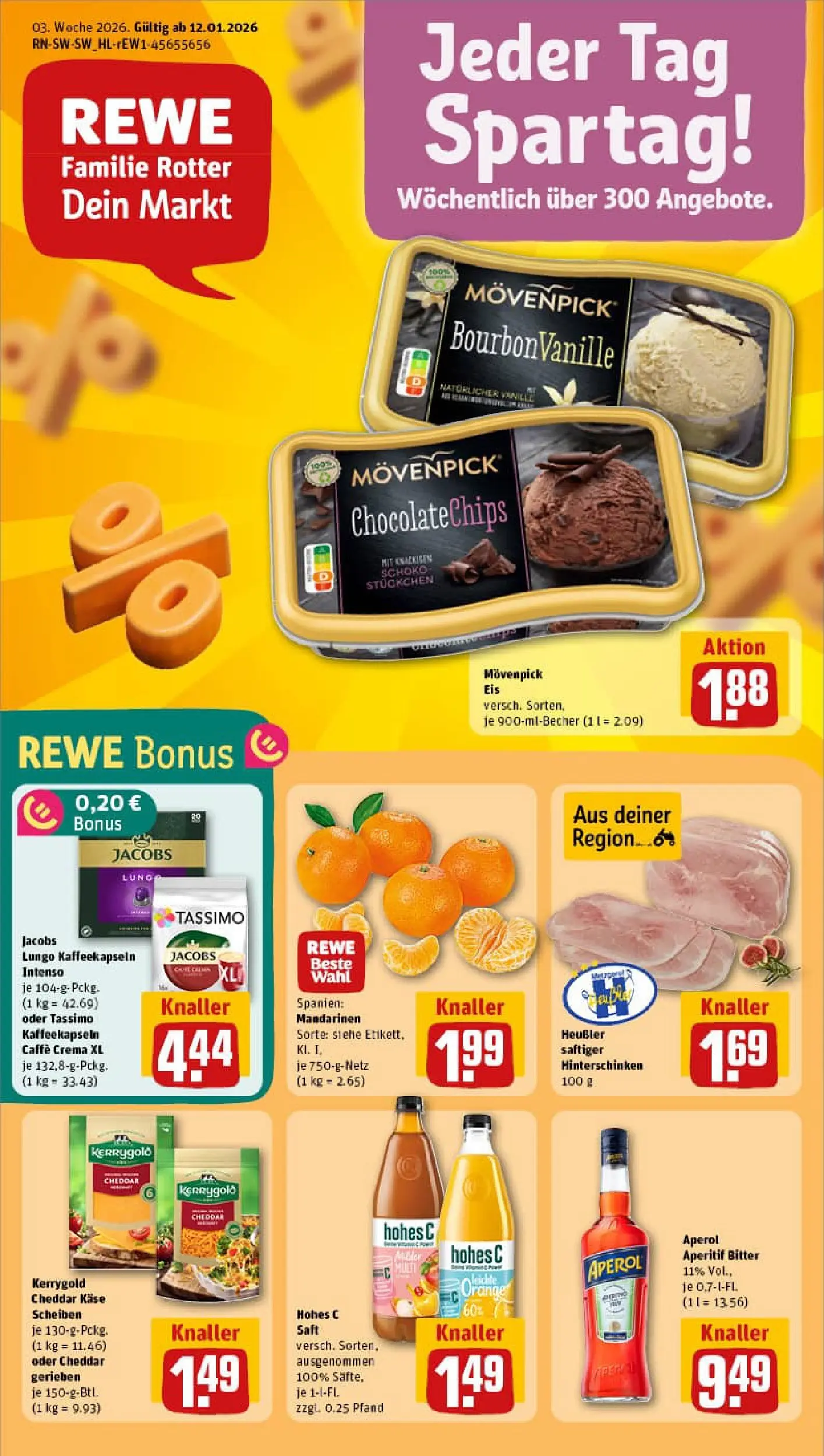 REWE Prospekt ab 11.01.2026 zum Blättern » Angebote | Seite: 1 | Produkte: Käse, Aperol, Tassimo, Eis