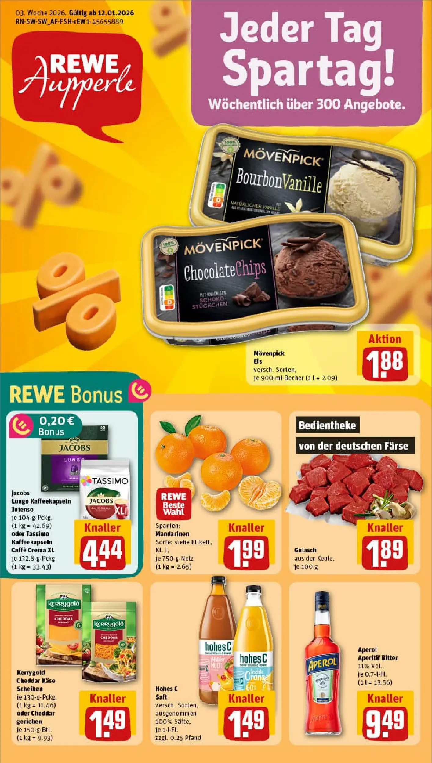 REWE Prospekt ab 11.01.2026 zum Blättern » Angebote | Seite: 1 | Produkte: Movenpick eis, Gulasch, Aperol, Tassimo