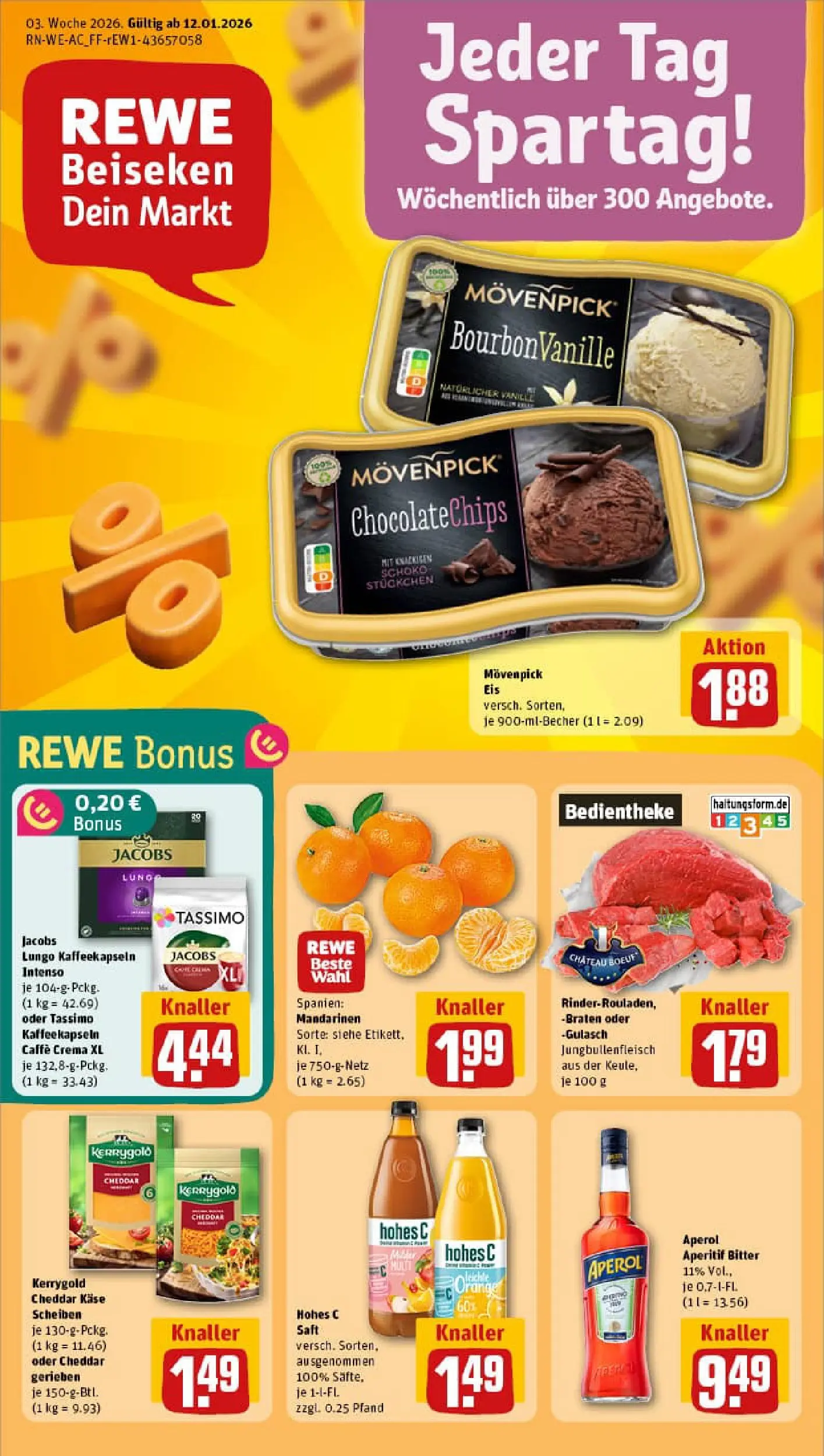 REWE Prospekt ab 11.01.2026 zum Blättern » Angebote | Seite: 1 | Produkte: Käse, Aperol, Tassimo, Eis