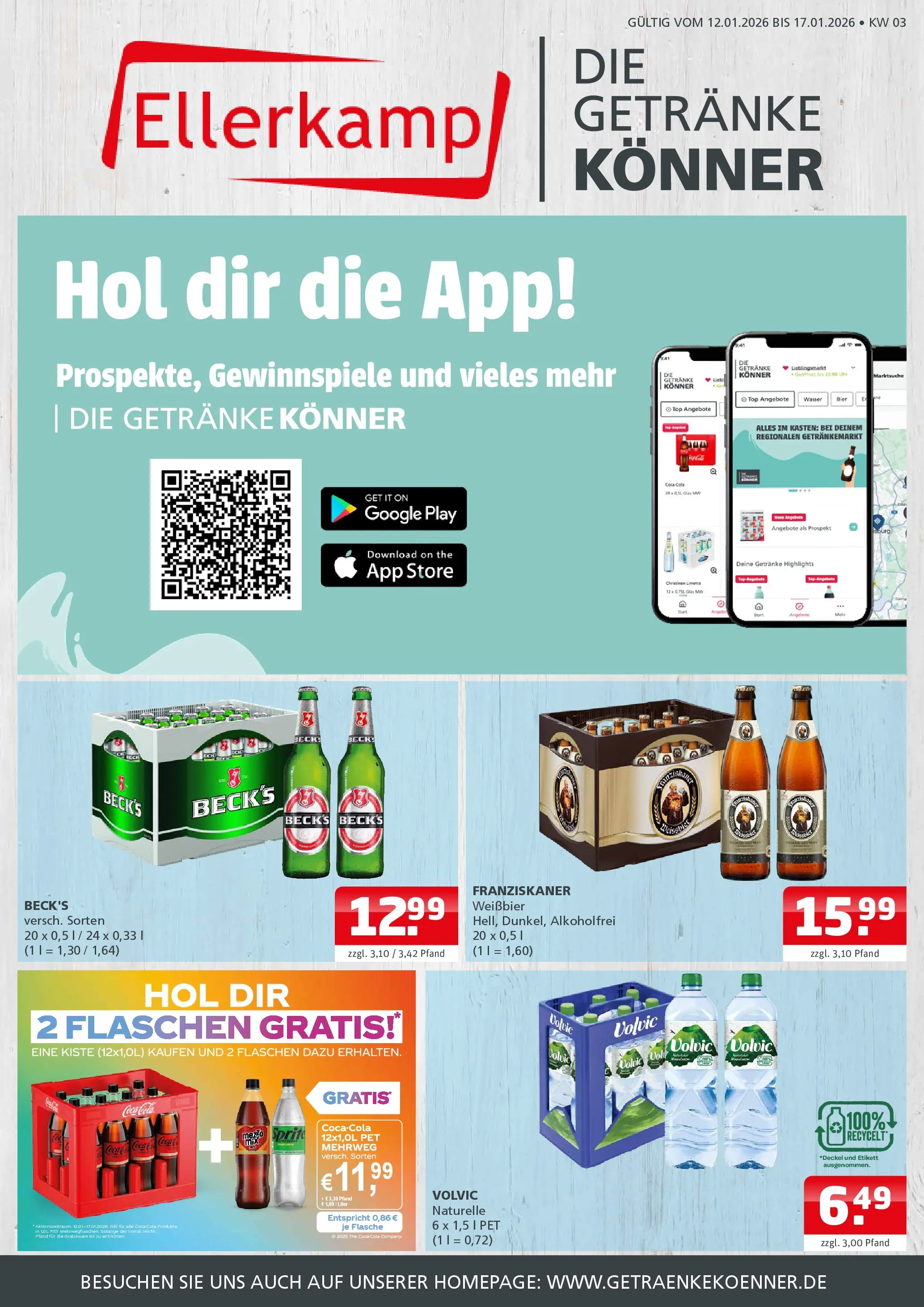 Entdecke - Getränke Ellerkamp: Getränkeangebote (ab 11.01.2026) zum Blättern | Seite: 1 | Produkte: Sprite, Weißbier, Wasser, Volvic