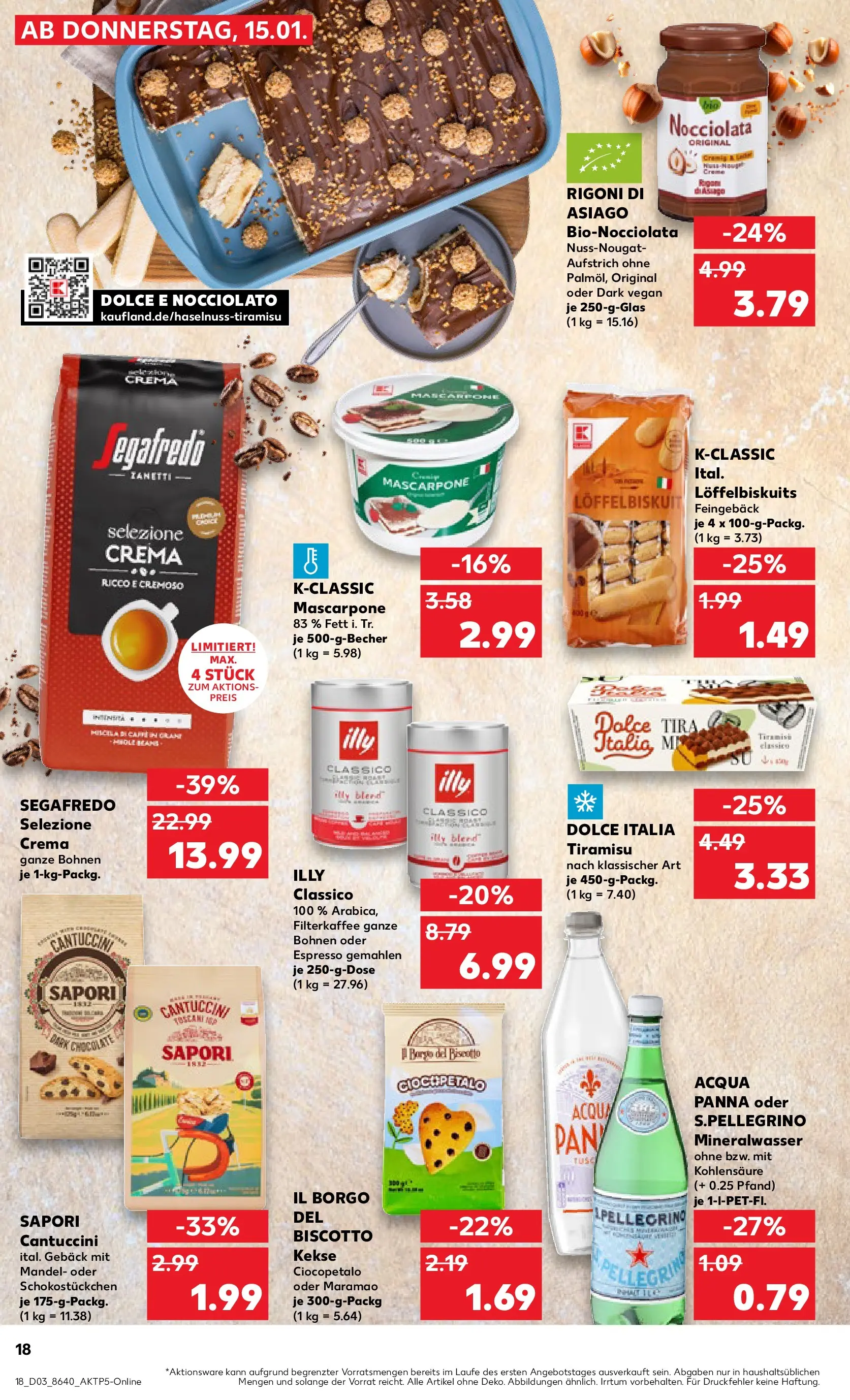 Prospekt Kaufland ab 14.01.2026 » Angebote Online zum Blättern | Seite: 18 | Produkte: Mascarpone, Mineralwasser, Kekse, Segafredo