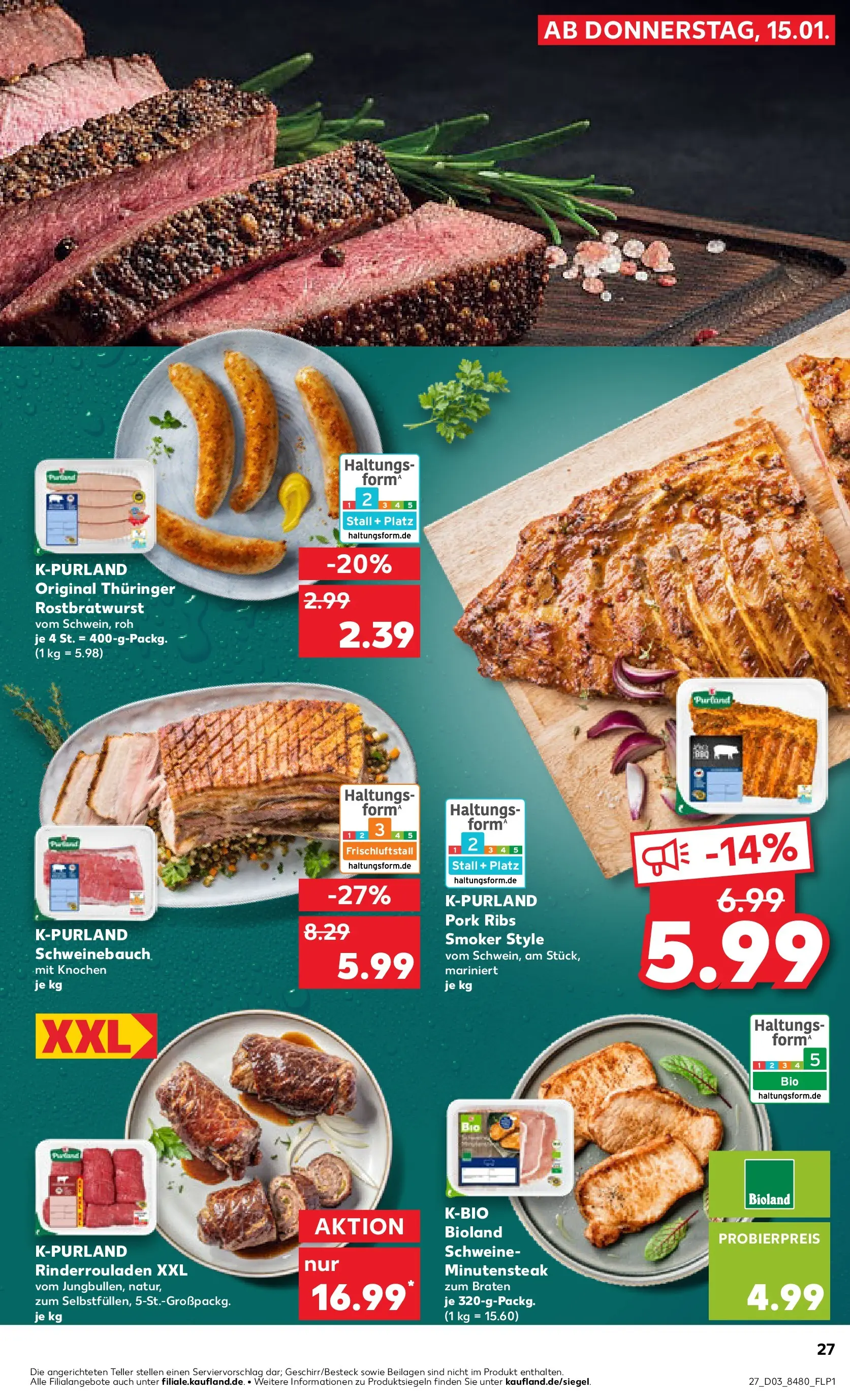 Prospekt Kaufland ab 15.01.2026 » Angebote Online zum Blättern | Seite: 27 | Produkte: Rinderrouladen, Schweinebauch, Steak