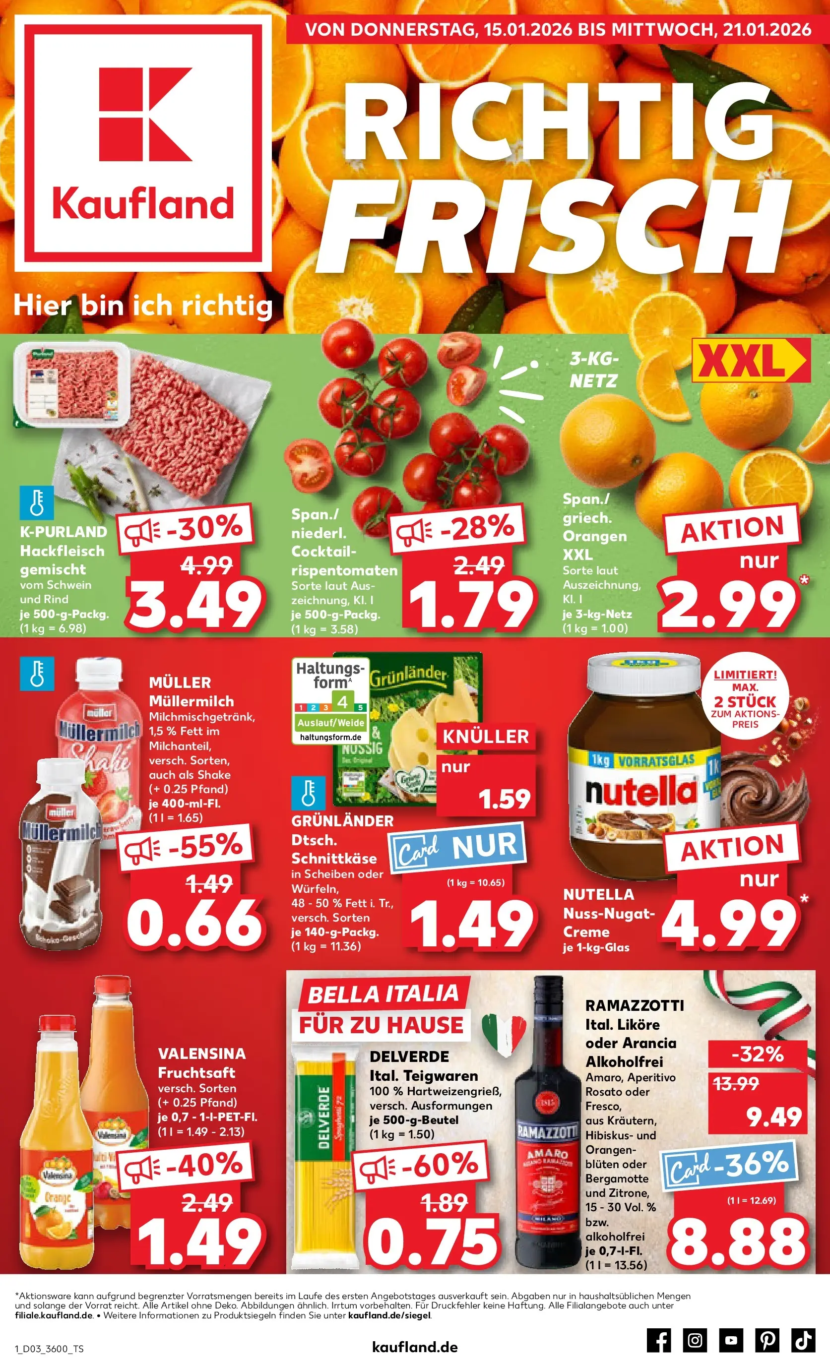 Prospekt Kaufland ab 15.01.2026 » Angebote Online zum Blättern | Seite: 1 | Produkte: Valensina, Müllermilch, Muller mullermilch, Ramazzotti