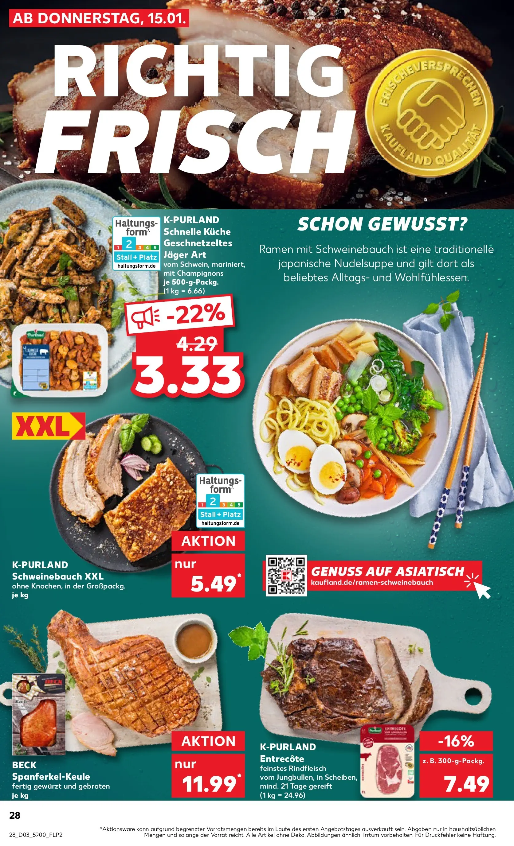 Prospekt Kaufland ab 15.01.2026 » Angebote Online zum Blättern | Seite: 28 | Produkte: Schweinebauch, Küche, Entrecote, Champignons