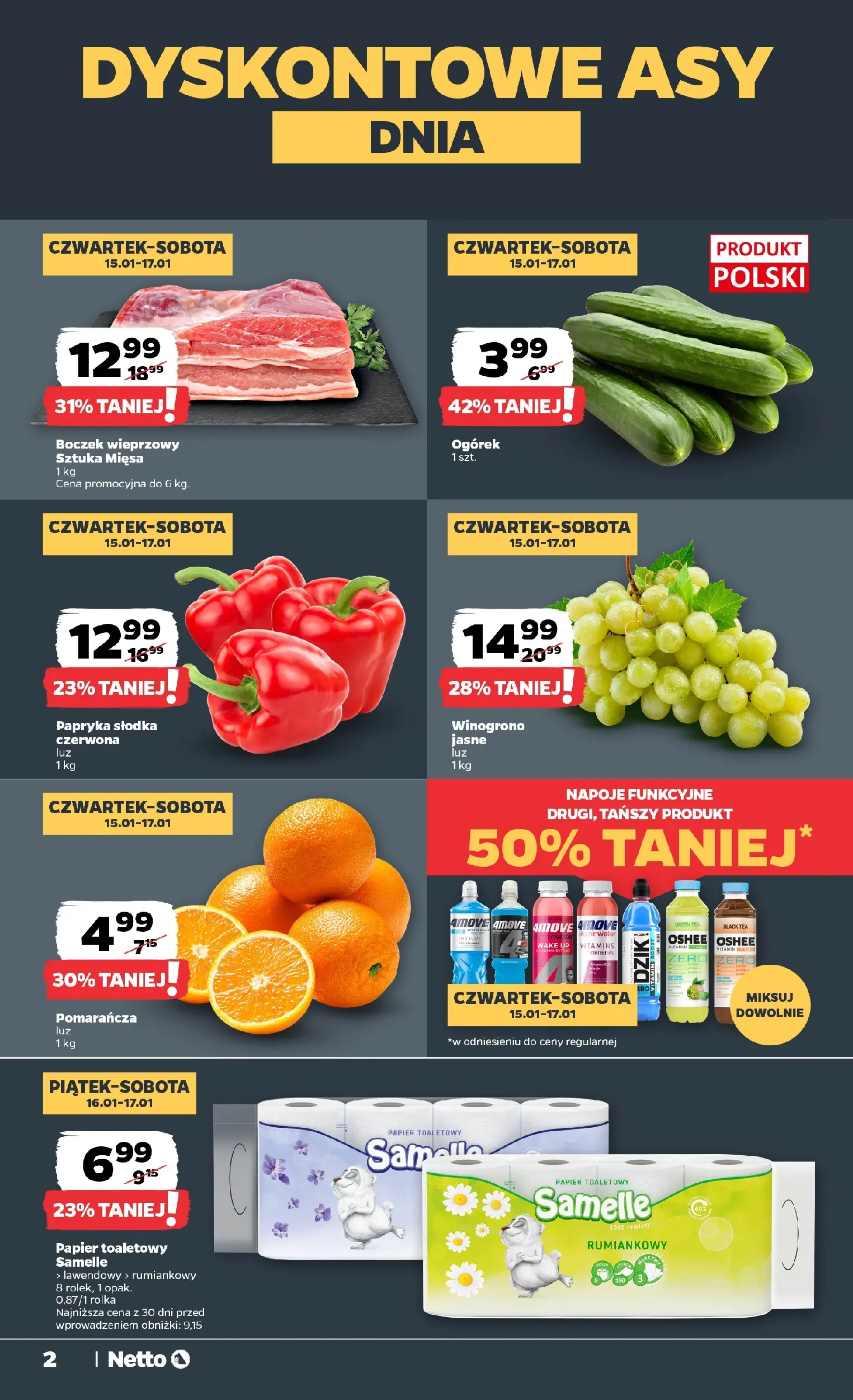 Netto gazetka - Spożywcza od 15.01.2026 - Aktualne promocje | Strona: 2 | Produkty: Winogrono, Papier toaletowy, Papryka, Boczek