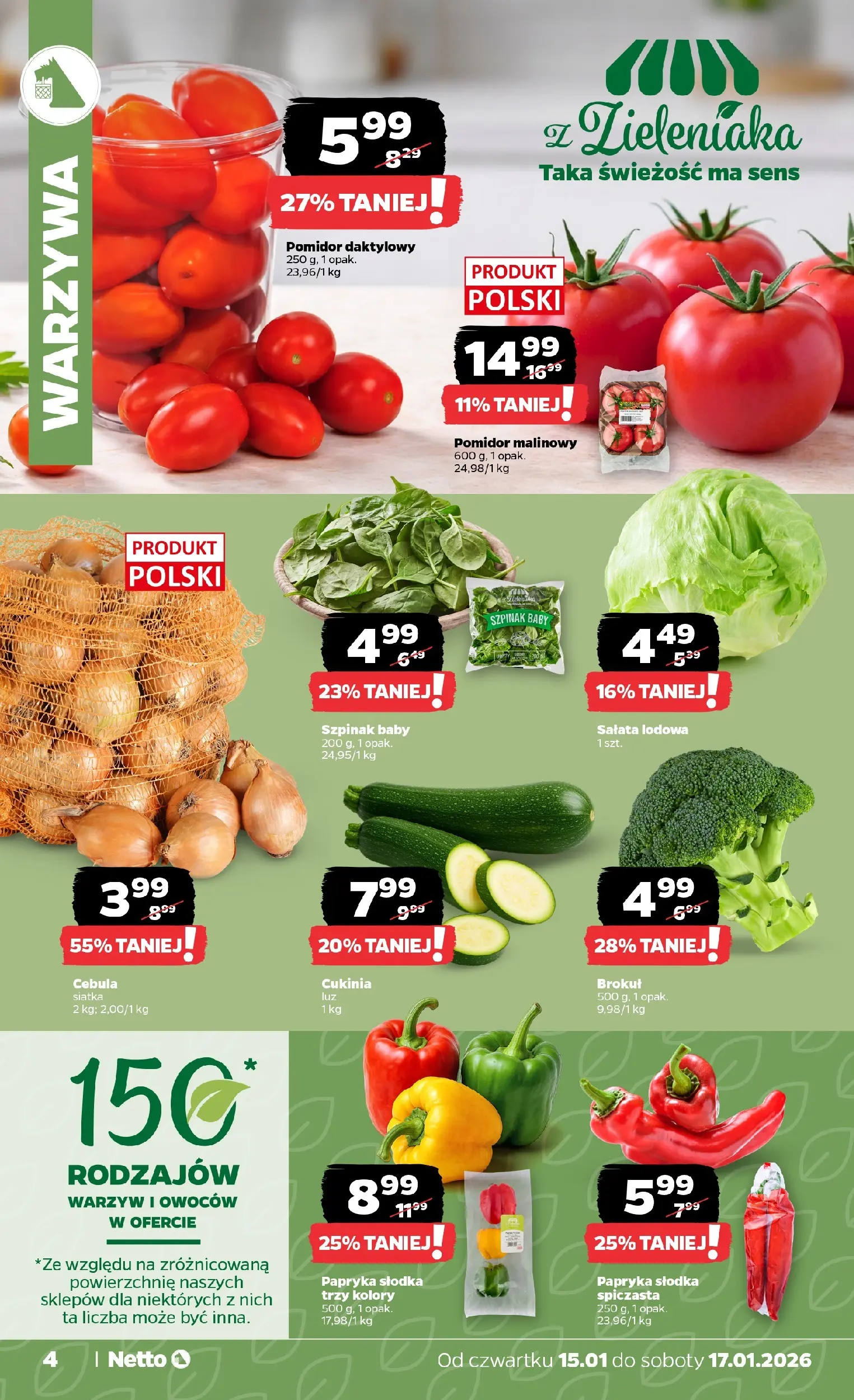 Netto gazetka - Spożywcza od 15.01.2026 - Aktualne promocje | Strona: 4 | Produkty: Pomidor malinowy, Papryka, Cukinia, Szpinak